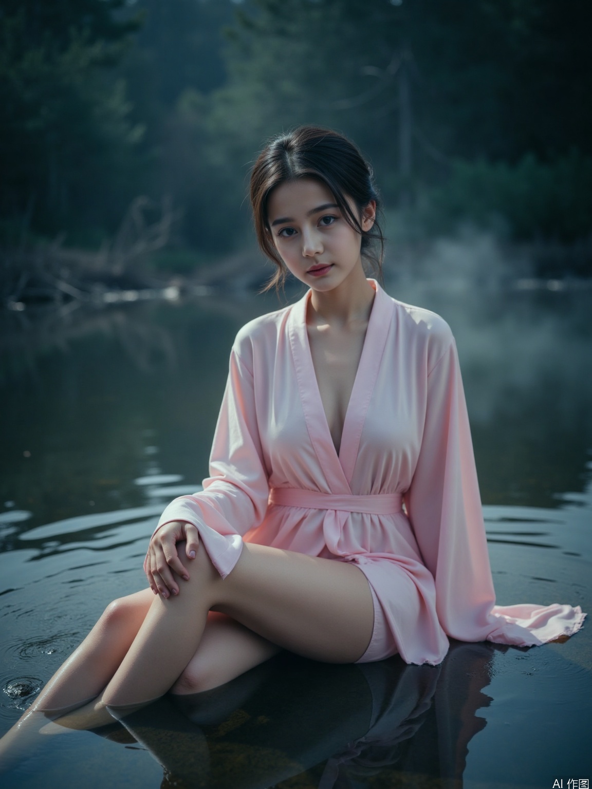 This is a high-resolution photo of a young East Asian woman taken in a mysterious and ethereal environment. A woman was surrounded by fog and extraordinary atmosphere in the water. He has black hair and a few braids on his face. He is wearing an elegant light pink robe with his legs, barefoot, with a hint of pink and white. Because of the water, the robe sticks to her. Her figure is slightly full, and her expression is delicate and considerate. Part of it is submerged in water, and the water has a misty quality, which gives the scene a dreamy quality. The background is a dark and hazy scenery. The overall atmosphere is mysterious and quiet, with a touch of extraordinary beauty.,,sitting