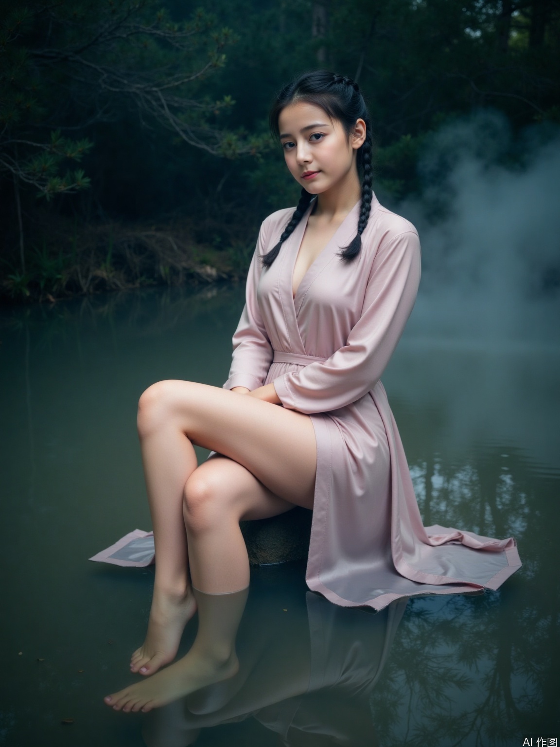 This is a high-resolution photo of a young East Asian woman taken in a mysterious and ethereal environment. A woman was surrounded by fog and extraordinary atmosphere in the water. He has black hair and a few braids on his face. He is wearing an elegant light pink robe with his legs, barefoot, with a hint of pink and white. Because of the water, the robe sticks to her. Her figure is slightly full, and her expression is delicate and considerate. Part of it is submerged in water, and the water has a misty quality, which gives the scene a dreamy quality. The background is a dark and hazy scenery. The overall atmosphere is mysterious and quiet, with a touch of extraordinary beauty.,,sitting