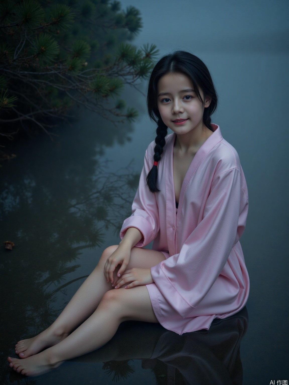 Limuwang\(hubggirl)\,This is a high-resolution photo of a young East Asian woman taken in a mysterious and ethereal environment. A woman was surrounded by fog and extraordinary atmosphere in the water. He has black hair and a few braids on his face. He is wearing an elegant light pink robe with his legs, barefoot, with a hint of pink and white. Because of the water, the robe sticks to her. Her figure is slightly full, and her expression is delicate and considerate. Part of it is submerged in water, and the water has a misty quality, which gives the scene a dreamy quality. The background is a dark and hazy scenery. The overall atmosphere is mysterious and quiet, with a touch of extraordinary beauty.,,sitting