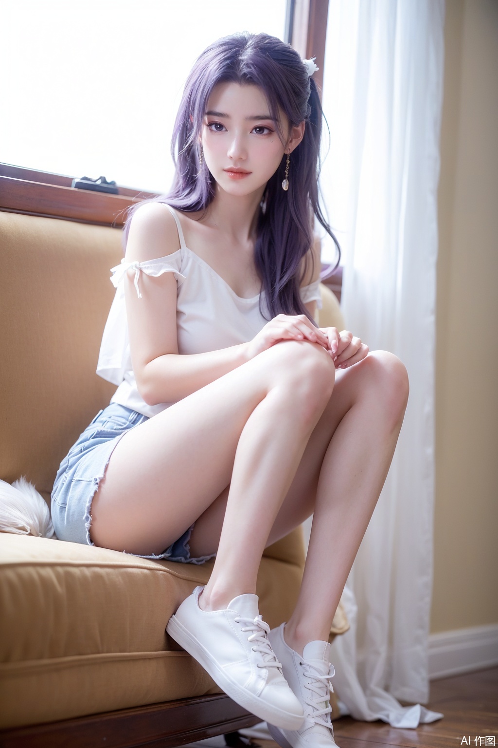 A girl with purple hair and a purple tattoo beneath her left eye, exuding a Chinese classical style. Her big purple eyes are captivating. She is dressed in a white short - sleeved top, denim shorts, and white sneakers. With long legs, she has a sophisticated and glamorous look. One of her feet is slightly bent. Her complexion is rosy, and she wears a gentle smile【^1^】. There is a hairpin in her hair, and she has on a classical - style makeup【^2^】. In her hand, she holds a delicate flower petal【^3^】. She is standing indoors, gently caressing a white and luxurious curtain. This scene is shot with an 8K resolution, presenting a clear perspective【^5^】.