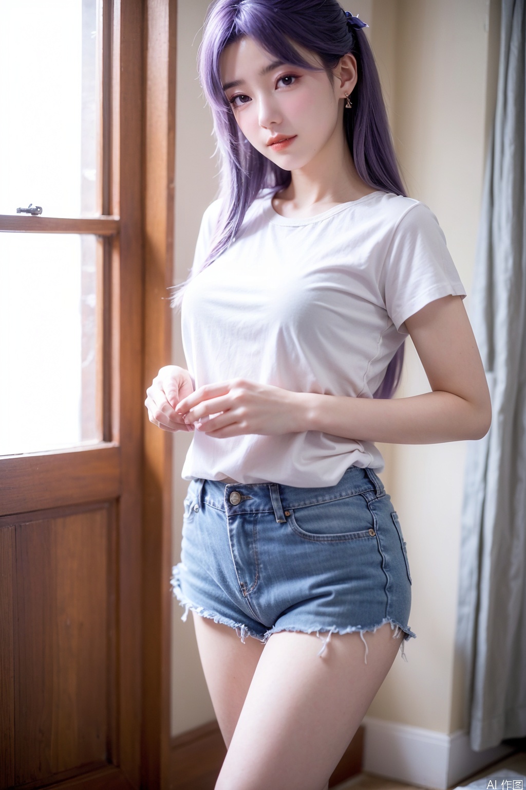 A girl with purple hair and a purple tattoo beneath her left eye, exuding a Chinese classical style. Her big purple eyes are captivating. She is dressed in a white short - sleeved top, denim shorts, and white sneakers. With long legs, she has a sophisticated and glamorous look. One of her feet is slightly bent. Her complexion is rosy, and she wears a gentle smile【^1^】. There is a hairpin in her hair, and she has on a classical - style makeup【^2^】. In her hand, she holds a delicate flower petal【^3^】. She is standing indoors, gently caressing a white and luxurious curtain. This scene is shot with an 8K resolution, presenting a clear perspective【^5^】.