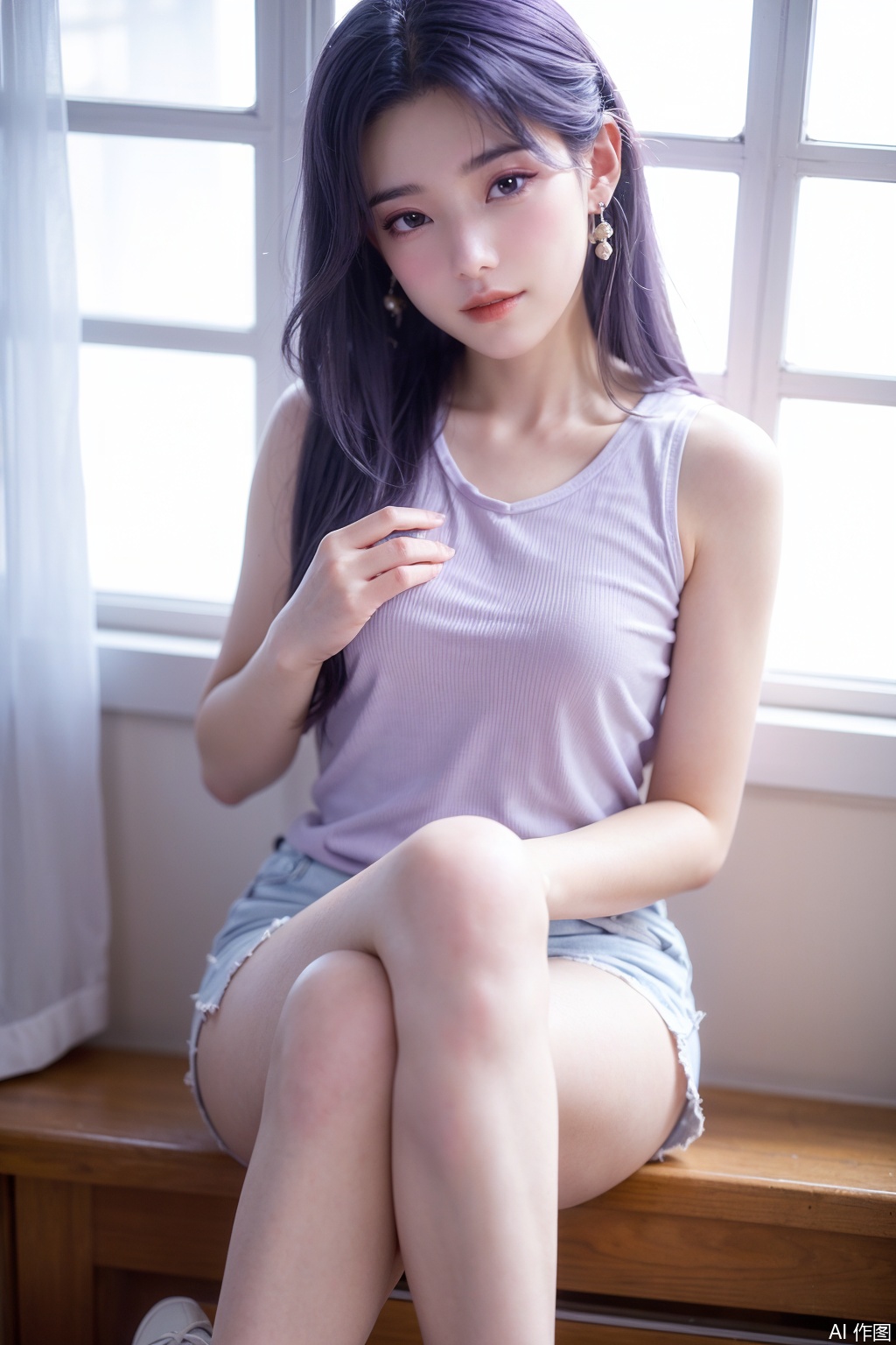 A girl with purple hair and a purple tattoo beneath her left eye, exuding a Chinese classical style. Her big purple eyes are captivating. She is dressed in a white short - sleeved top, denim shorts, and white sneakers. With long legs, she has a sophisticated and glamorous look. One of her feet is slightly bent. Her complexion is rosy, and she wears a gentle smile【^1^】. There is a hairpin in her hair, and she has on a classical - style makeup【^2^】. In her hand, she holds a delicate flower petal【^3^】. She is standing indoors, gently caressing a white and luxurious curtain. This scene is shot with an 8K resolution, presenting a clear perspective【^5^】.