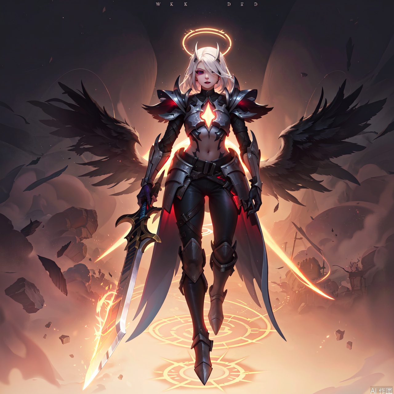 solo, 1girl, holding, full body, weapon, male focus, wings, sword, holding weapon, armor, glowing, halo, holding sword, night background, shoulder armor, gauntlets, spikes, pauldrons, full armor, multiple wings,multiple eyes on wings,monster girl,Old God