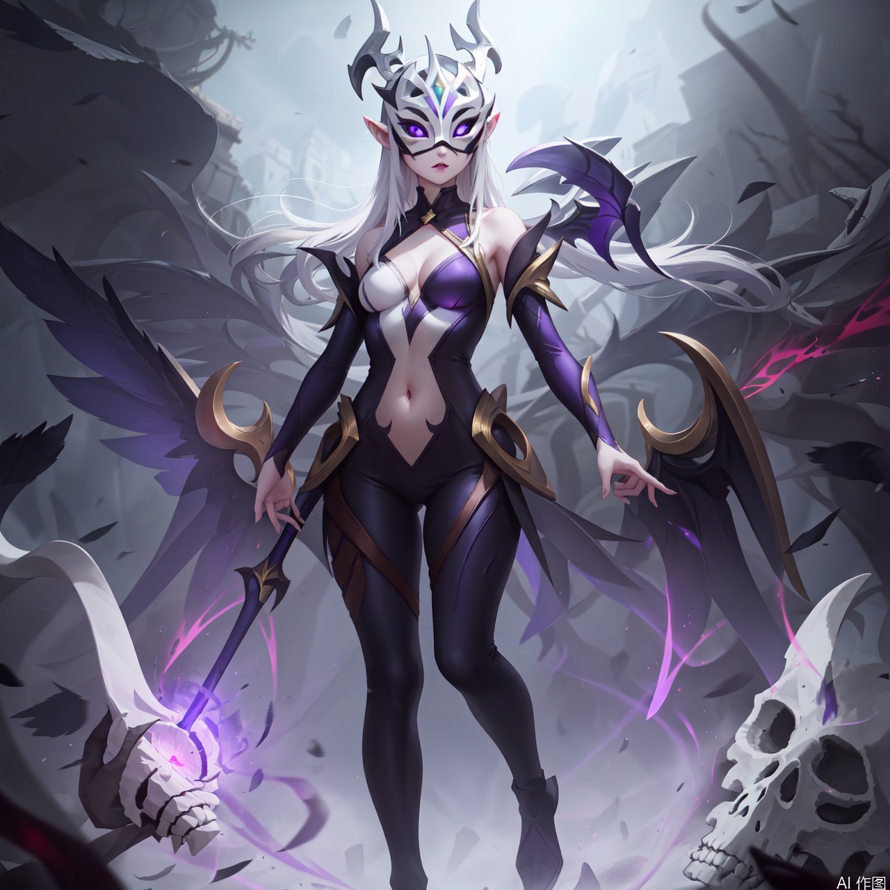 1girl, solo, breasts, blue eyes, navel, cleavage, bare shoulders, medium breasts, standing, purple eyes, detached sleeves, wings, pointy ears, armor, bodysuit, glowing,bone mask,Old God