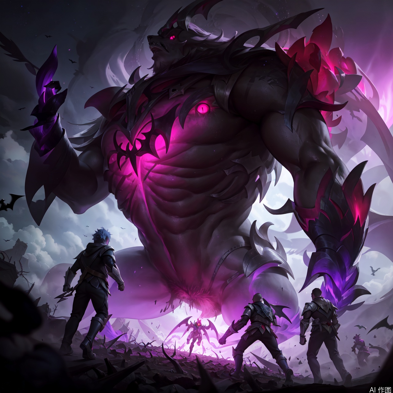 The image depicts a dark fantasy scene with a large, menacing creature in the center. The creature has a muscular build, covered in dark, spiky armor, and glowing red eyes that exude an intense, otherworldly energy. Its body is adorned with intricate, glowing pink and purple patterns, suggesting magical or supernatural properties. The creature's wings are large and bat-like, with a similar glowing pink hue.

In the foreground, there are several smaller figures, possibly warriors or guardians, dressed in dark, battle-ready attire. They appear to be engaged in combat or preparing for battle. The background is filled with a dark, ominous atmosphere, with swirling mists and shadowy silhouettes, enhancing the sense of a foreboding, mystical environment.Old God, 1boy,multiple views, multiple boys