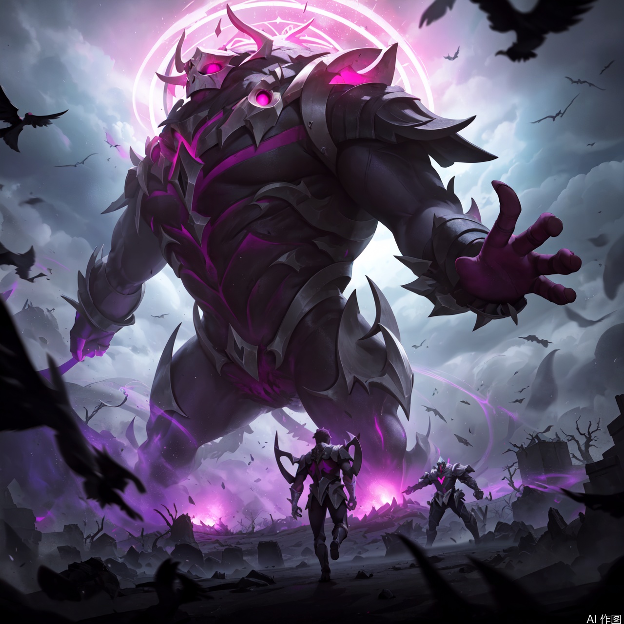 The image depicts a dark fantasy scene with a large, menacing creature in the center. The creature has a muscular build, covered in dark, spiky armor, and glowing red eyes that exude an intense, otherworldly energy. Its body is adorned with intricate, glowing pink and purple patterns, suggesting magical or supernatural properties. The creature's wings are large and bat-like, with a similar glowing pink hue.

In the foreground, there are several smaller figures, possibly warriors or guardians, dressed in dark, battle-ready attire. They appear to be engaged in combat or preparing for battle. The background is filled with a dark, ominous atmosphere, with swirling mists and shadowy silhouettes, enhancing the sense of a foreboding, mystical environment.Old God, 1boy,multiple views, multiple boys