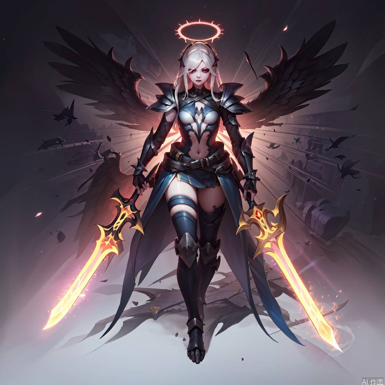 solo, 1girl, holding, full body, weapon, male focus, wings, sword, holding weapon, armor, glowing, halo, holding sword, night background, shoulder armor, gauntlets, spikes, pauldrons, full armor, multiple wings,multiple eyes on wings,monster girl,Old God