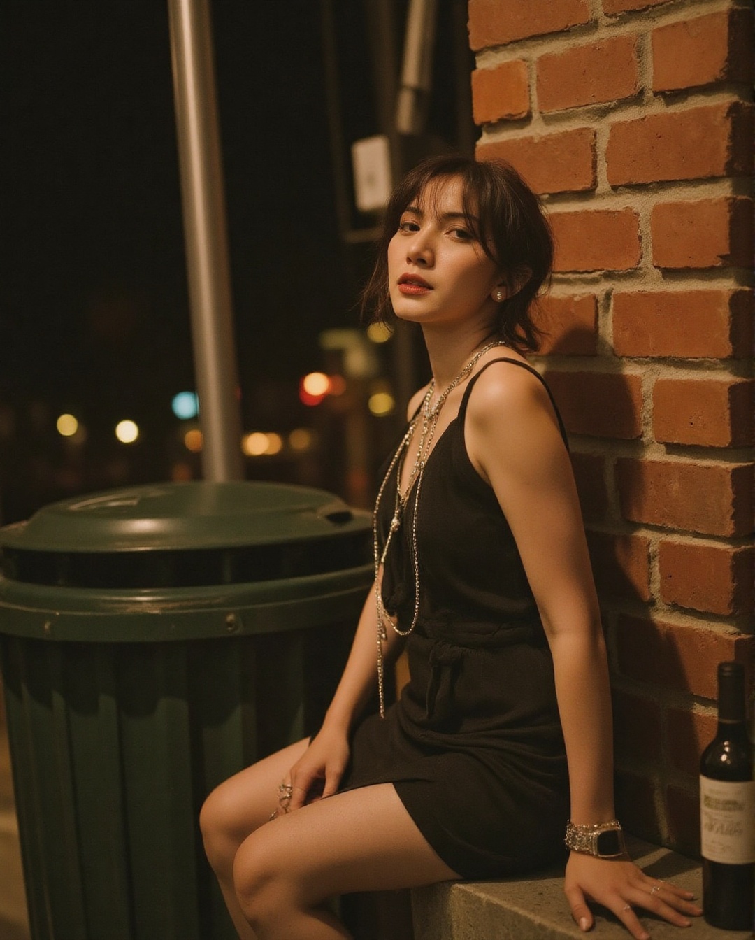 A photoshoot taken with a 907x Hasselblad camera and a 35mm Hasselblad lens,  capturing a woman in a black sleeveless v-ne...
