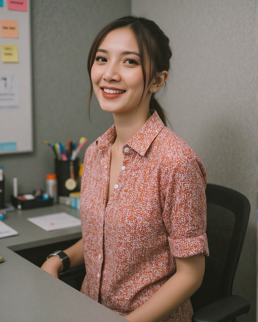 Create a realistic photoshoot for a woman styled in a sexy,  tight red and white small chequered short sleeve shirt,  with...