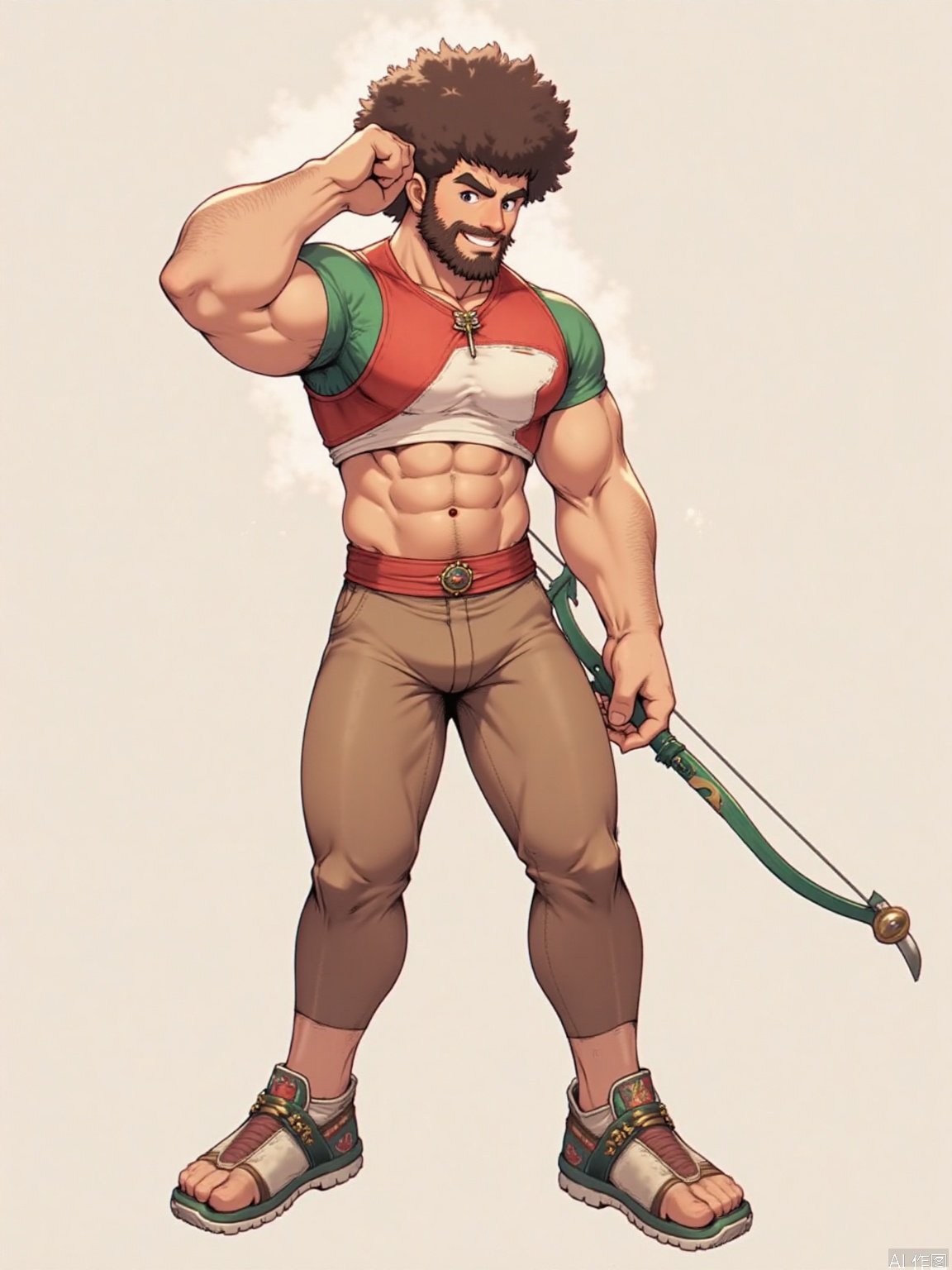 manly man,gym,handsome,beard,GSMAN,
a man,He has a brown afro, with one hand raised near his head and the other hand holding a green bow. He is dressed in colorful clothing, with a short top in red, green, and white colors, a red belt in the middle, brown pants, and decorated shoes. The overall image is likely an archer - type character in an adventure game, full of the stylistic features of retro games.,1man