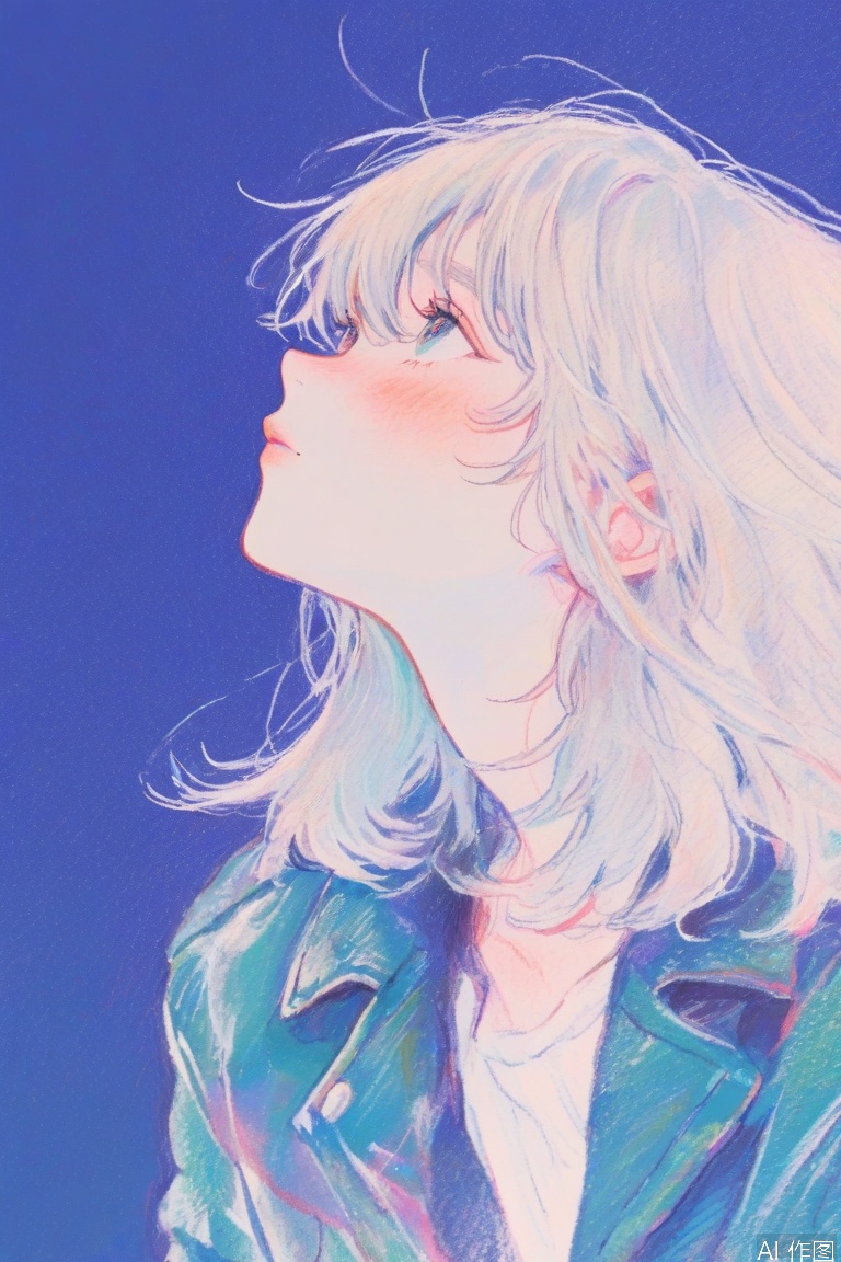 1girl, solo, blue background, upper body, looking up, blush, jacket, medium hair,  long hair, simple background, white hair, shirt, 
﻿