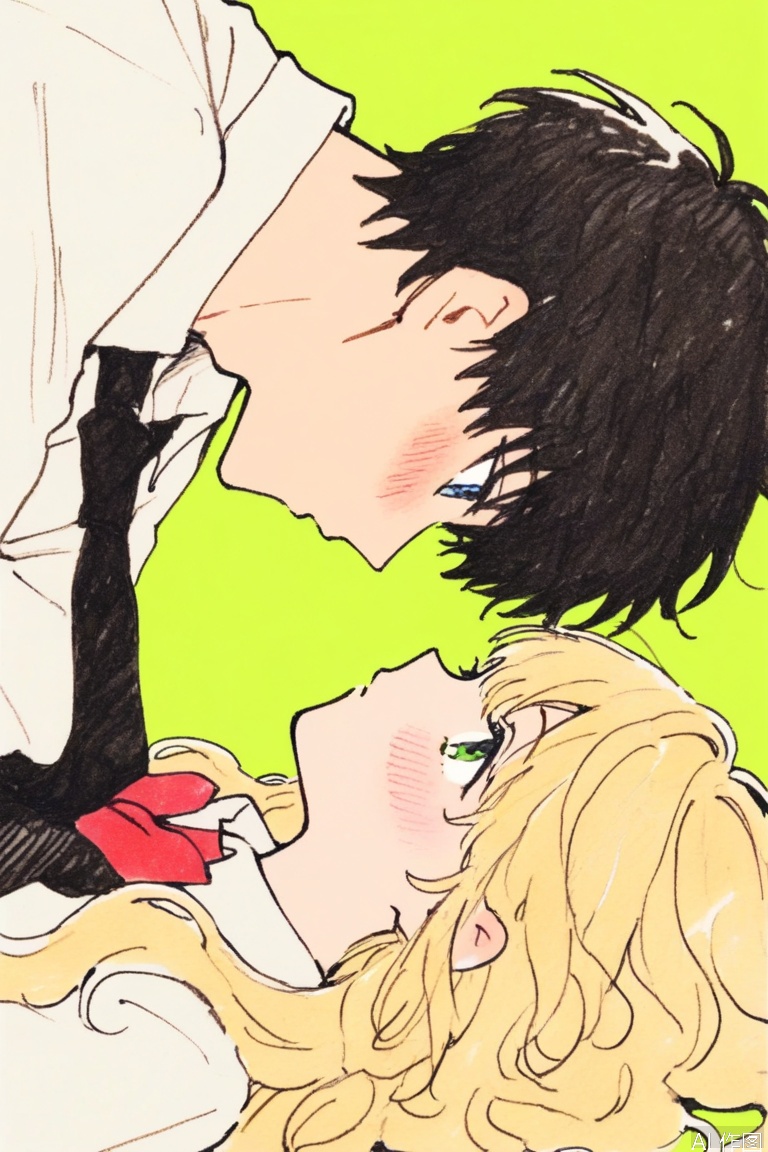 traditional media, simple background,
1boy, 1girl, blonde hair, long hair, shirt, necktie, blush, green eyes, white shirt, short hair, looking at another, blue eyes, simple background, black necktie, collared shirt, green background, bow, profile, bangs, looking up, on back, hetero, lying, eye contact, upper body