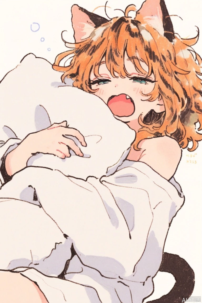 Virtual Chalk Style,simple background,white background,signature,dated,
1girl,cute face,cat ears,cat tail,oversized  clothes,single bare shoulder,messy hair,yawning,fang,wavy mouth,half-closed eyes,hugging pillow,