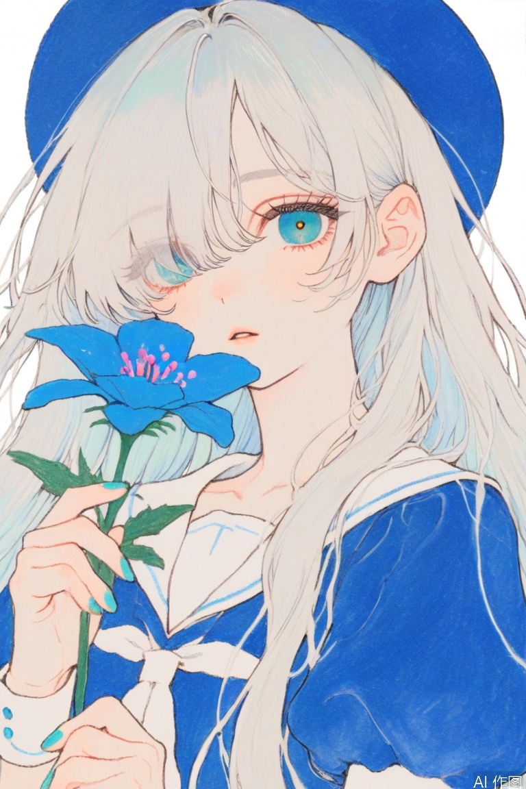  1girl,solo,holding flower,long hair,flower,holding,white sailor collar,hair over one eye,wrist cuffs,dress,short sleeves,parted lips,nail polish,looking at viewer,simple background,bangs,blue dress,sailor collar,white hair,upper body,eyes visible through hair,puffy short sleeves,puffy sleeves,white background,very long hair,sailor dress,blue nails,blue eyes,aqua eyes,aqua nails,