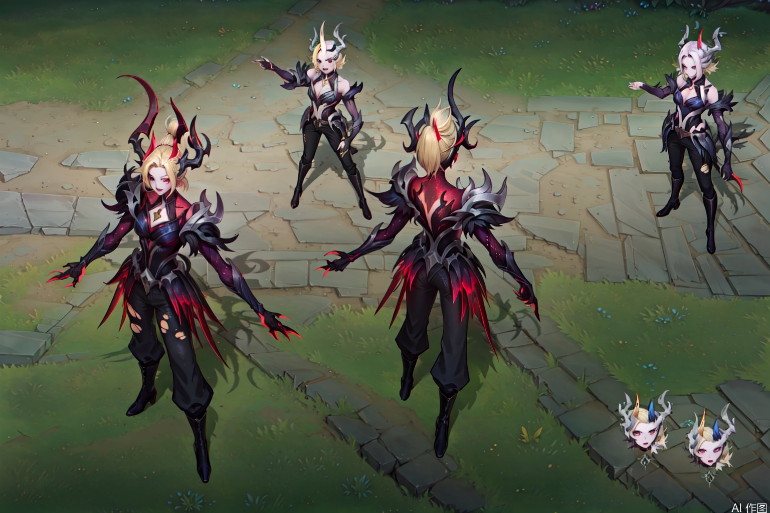 1girl, long hair, short hair, bangs, multiple girls, blonde hair, hair ornament, standing, ponytail, white hair, outdoors, horns, pants,broken horns, black footwear, Old God, torn , multiple views, glowing, grass