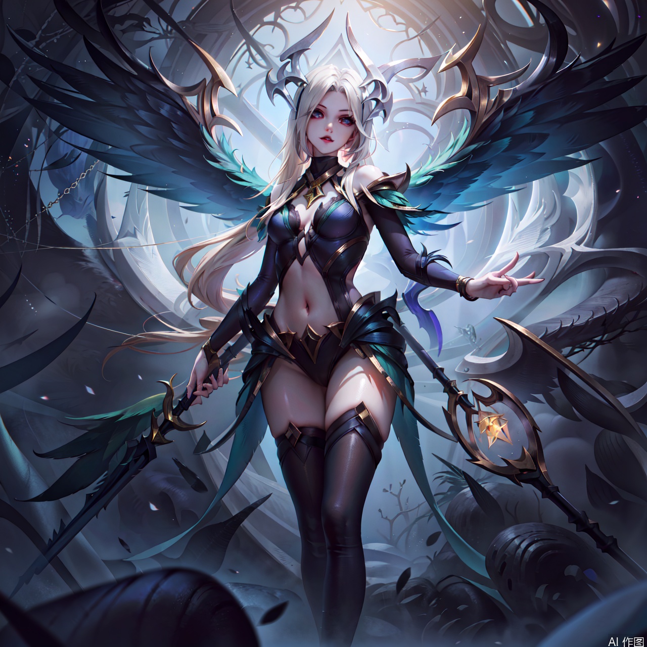 1girl, solo, long hair, breasts, thighhighs, navel, jewelry, medium breasts, necklace, staff, wings,genderswap, convenient censoring, genderswap \(mtf\), scroll,Old God