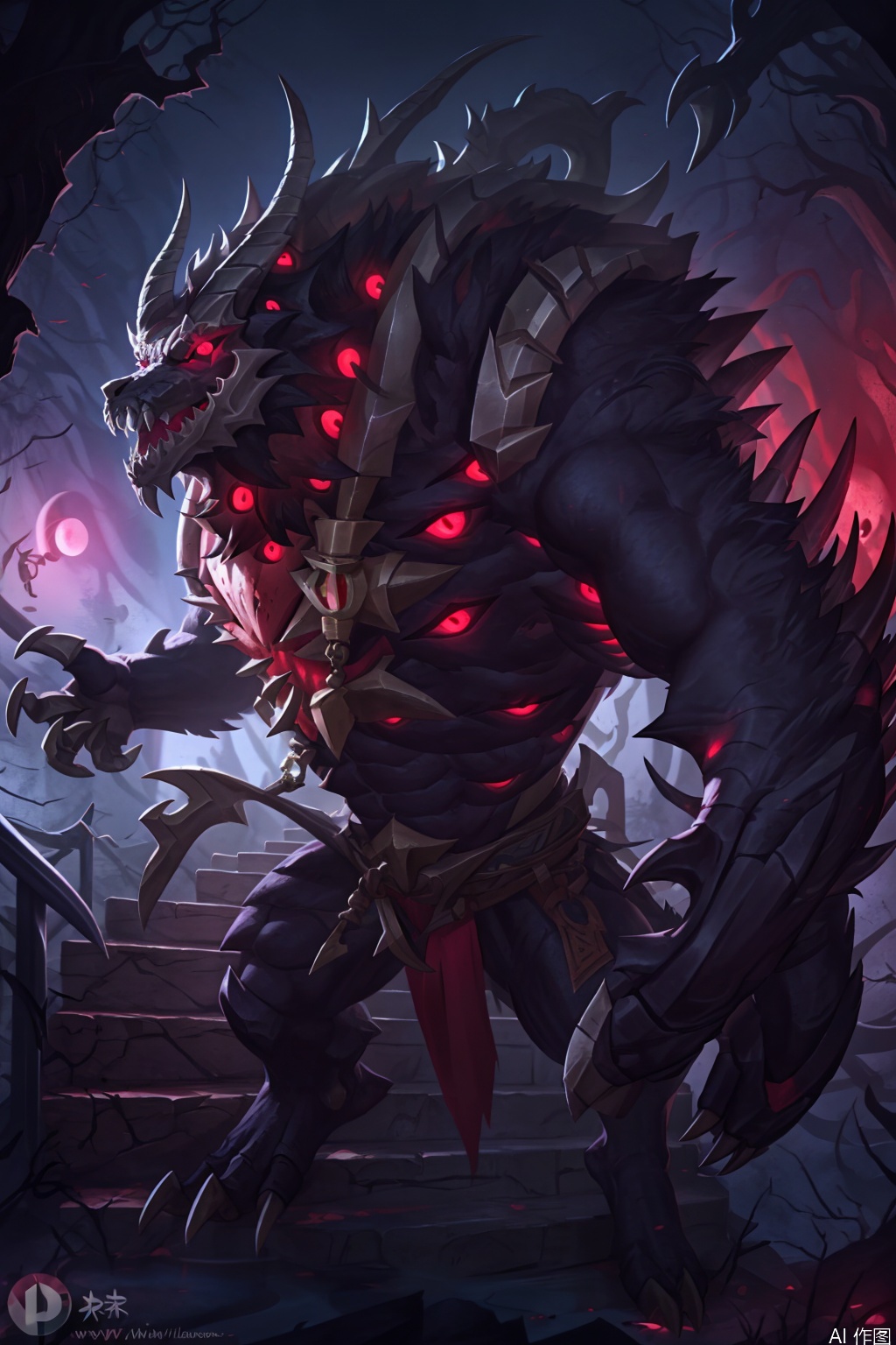 solo, looking at viewer, red eyes, weapon, teeth, artist furry, monster, glowing, watermark, sharp teeth, glowing eyes, claws, stairs,Old God