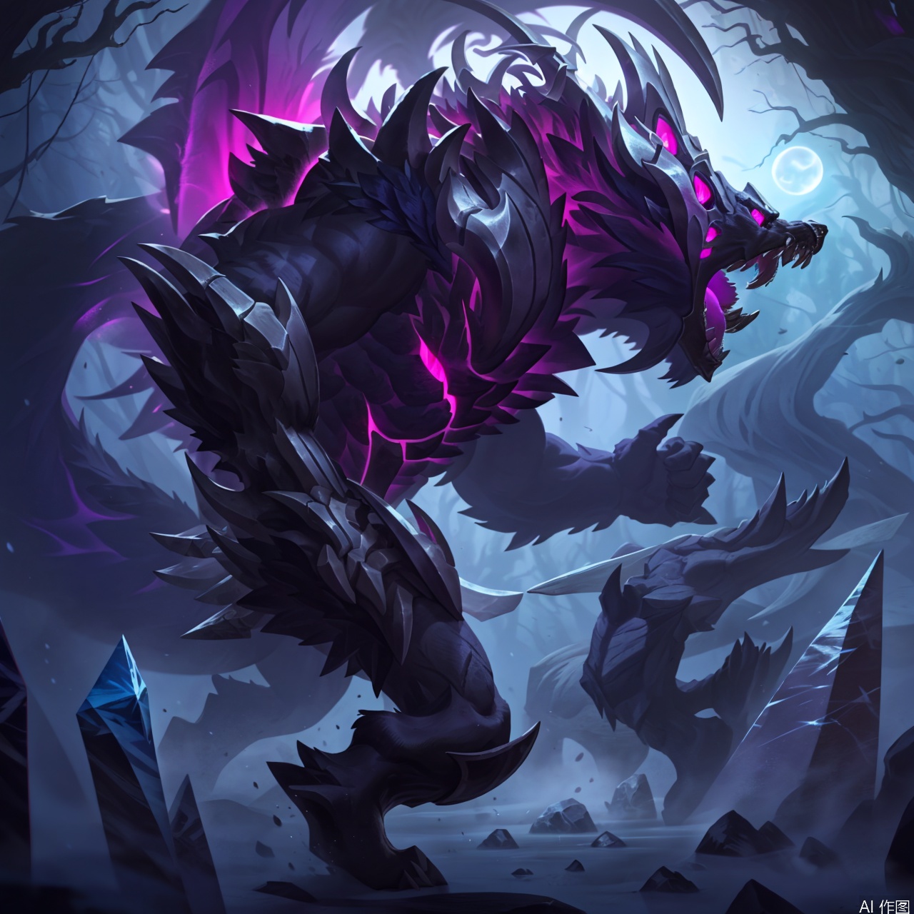 open mouth, 1boy, monster, teeth, tongue, pink eyes, wolf boy,furry,crystal wings,armor, from side, glowing, sharp teeth, glowing eyes, monster, pillar,Old God