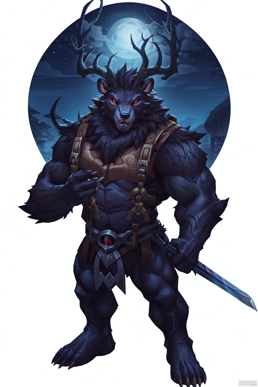 solo, looking at viewer, simple background, red eyes, 1boy,furry, night background, holding, standing, full body, weapon, male focus, horns, sword, holding weapon, no humans, holding sword, claws, monster, antlers,bear boy,Old God