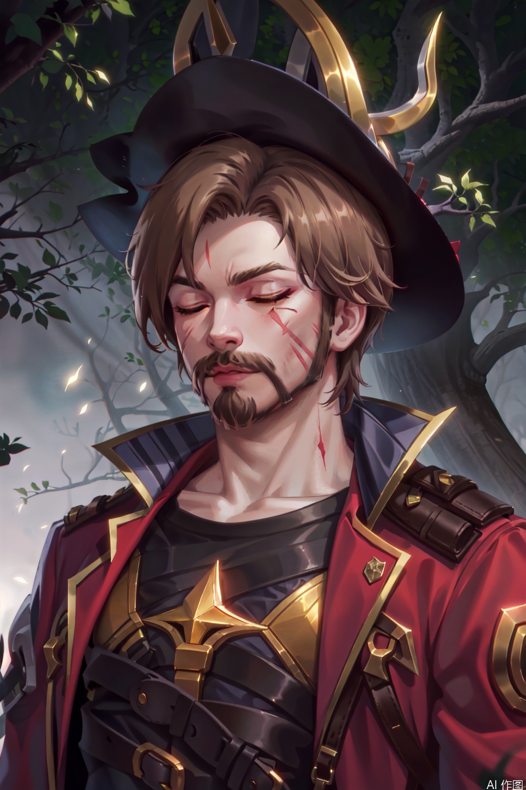 solo, forest background, brown hair, shirt, 1boy, hat,yellow hat, closed eyes, upper body, male focus, scar on face, facial hair, twilight background, red jacket, golden headwear, orange shirt,Old God
