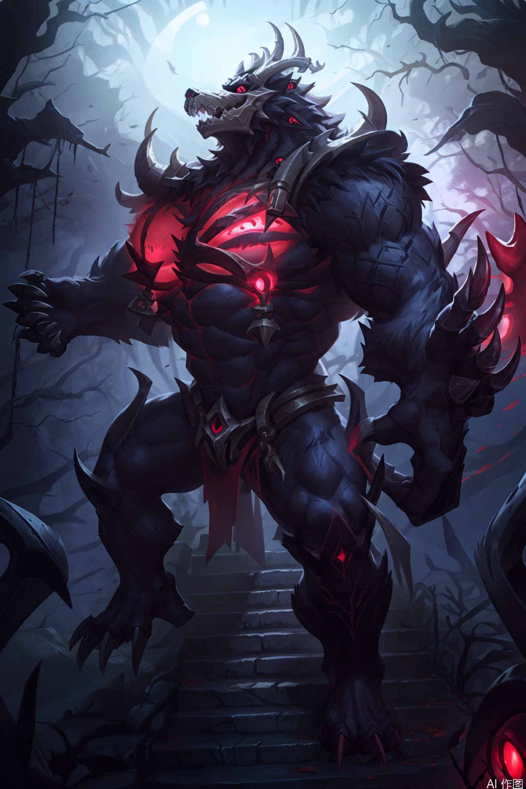 solo, looking at viewer, red eyes, weapon, teeth, artist furry, monster, glowing, bear boy,monster boy,furry, sharp teeth, glowing eyes, claws, stairs,Old God