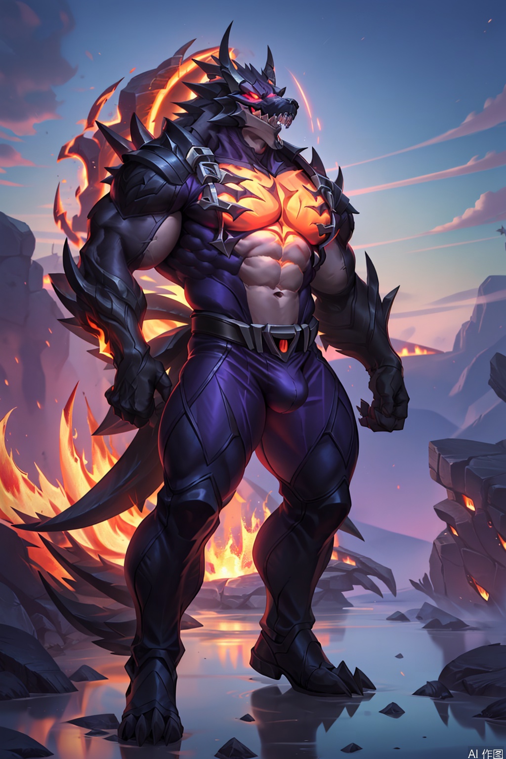 solo, looking at viewer, 1boy, standing, tail, full body, male focus, thighs, teeth, artist name, bodysuit, muscular, glowing, thick thighs, abs, fire, pectorals, sharp teeth, muscular male, bara, glowing eyes, spikes, large pectorals, bulge, flaccid, molten rock,Old God