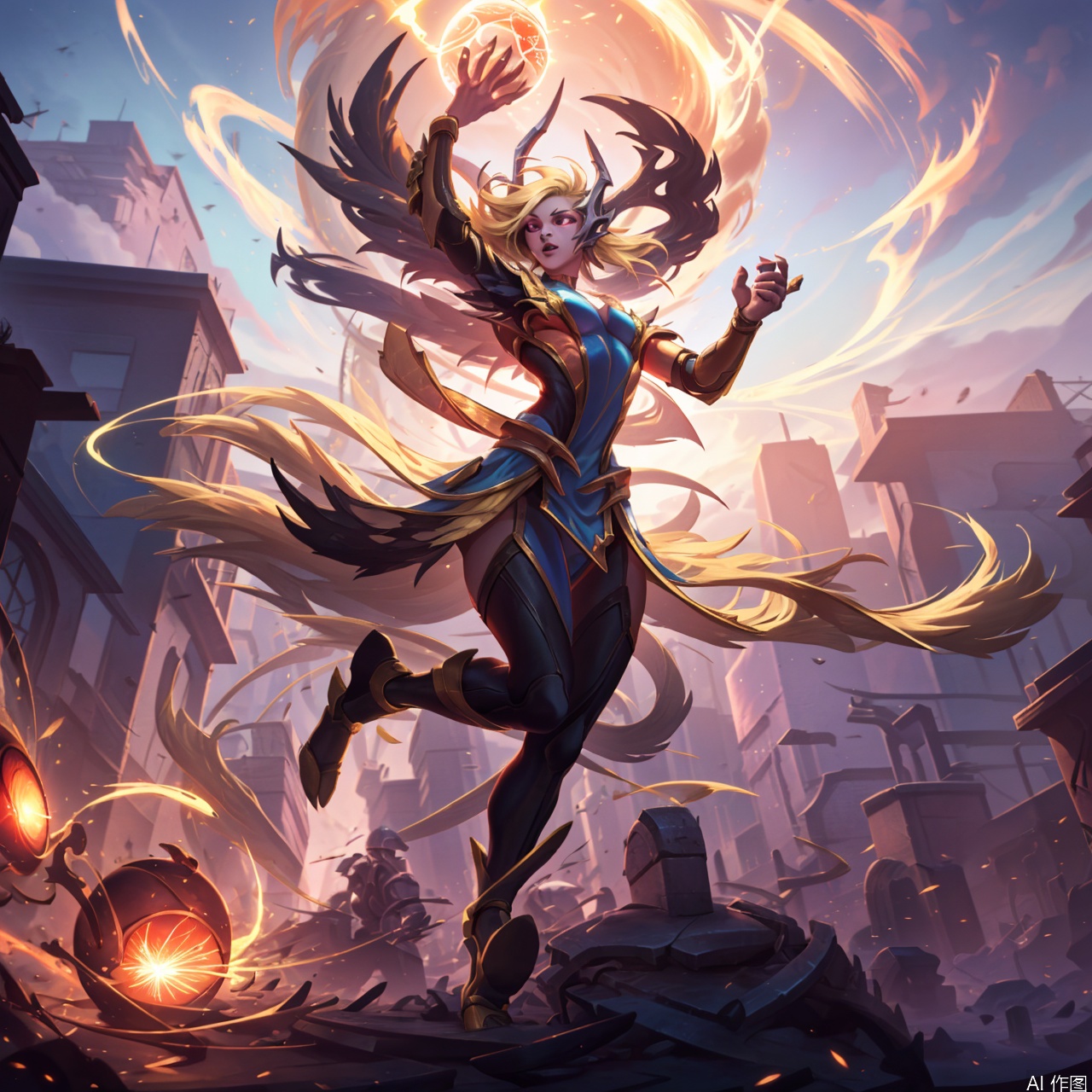 The image depicts a dynamic and futuristic scene with a large, mechanical structure emitting bright light in the background. The structure appears to be a part of a cityscape, with tall buildings and a tower visible through the structure. In the foreground, there are two characters, one with blonde hair and the other with dark hair, both wearing elaborate costumes. The blonde character is holding a glowing orb, while the dark-haired character appears to be in motion, possibly running or jumping. The scene is filled with sparks and dynamic energy, suggesting action or conflict. The overall atmosphere is vibrant and otherworldly, with a mix of technology and fantasy elements.solo,1girl,Old God