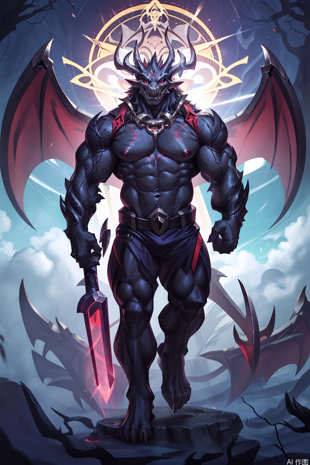 solo, looking at viewer, red eyes, 1boy, navel, nipples, tail, full body, weapon, male focus, thighs, big cock, wings, horns, stomach, cock, veins, muscular, colored skin, thick thighs, abs, pectorals, muscular male, demon horns, demon tail, bara, furry, large pectorals, demon wings, furry male, monster boy, flaccid, demon boy,Old God