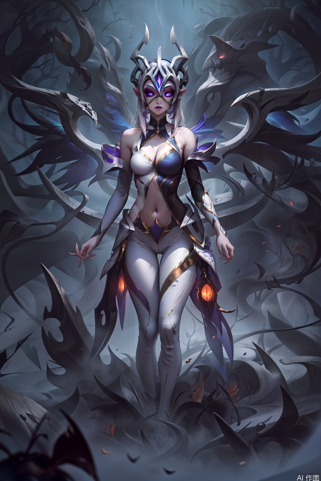 1girl, solo, breasts, blue eyes, navel, cleavage, bare shoulders, medium breasts, standing, purple eyes, detached sleeves, wings, pointy ears, armor, bodysuit, glowing,bone mask,Old God