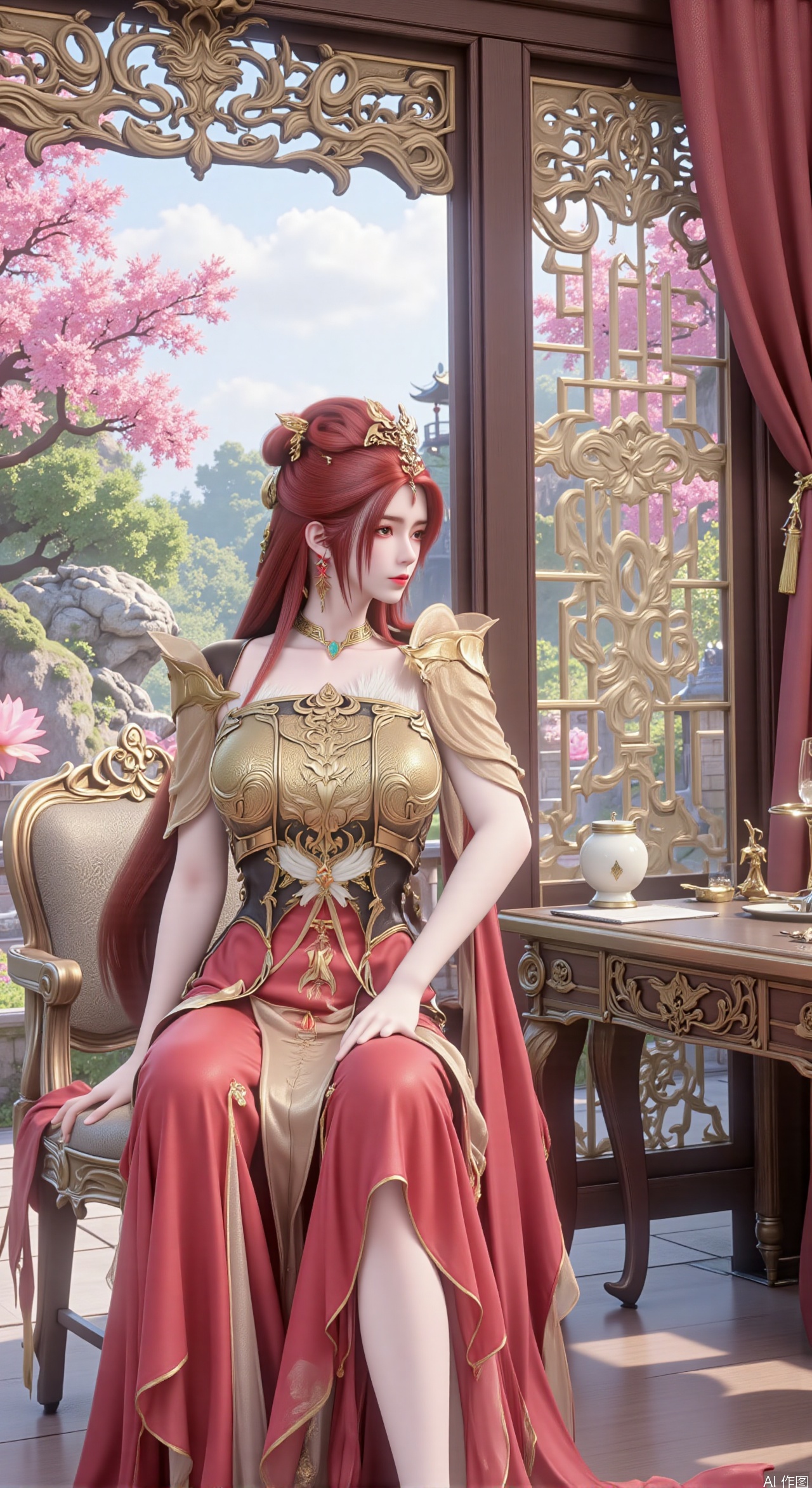 SFW,(masterpiece, best quality:1.2),1girl, solo, long dress,Ancient princess's boudoir with bright color palette, Hanfu-clad maiden sitting by latticed window desk in romantic daydreaming posture,  classical Chinese garden through window showcasing lotus pond filled with blooming pink and white lotuses, delicate ink-wash painting style, interior featuring rosewood furniture with mother-of-pearl inlay, silk curtains fluttering in breeze, porcelain stationery set on desk, distant view of curved bridges and pavilions in garden, ultra HD rendering with crisp details on embroidered garments and translucent lotus petals,,(huge breasts:2.99),(full breasts:2.89), 