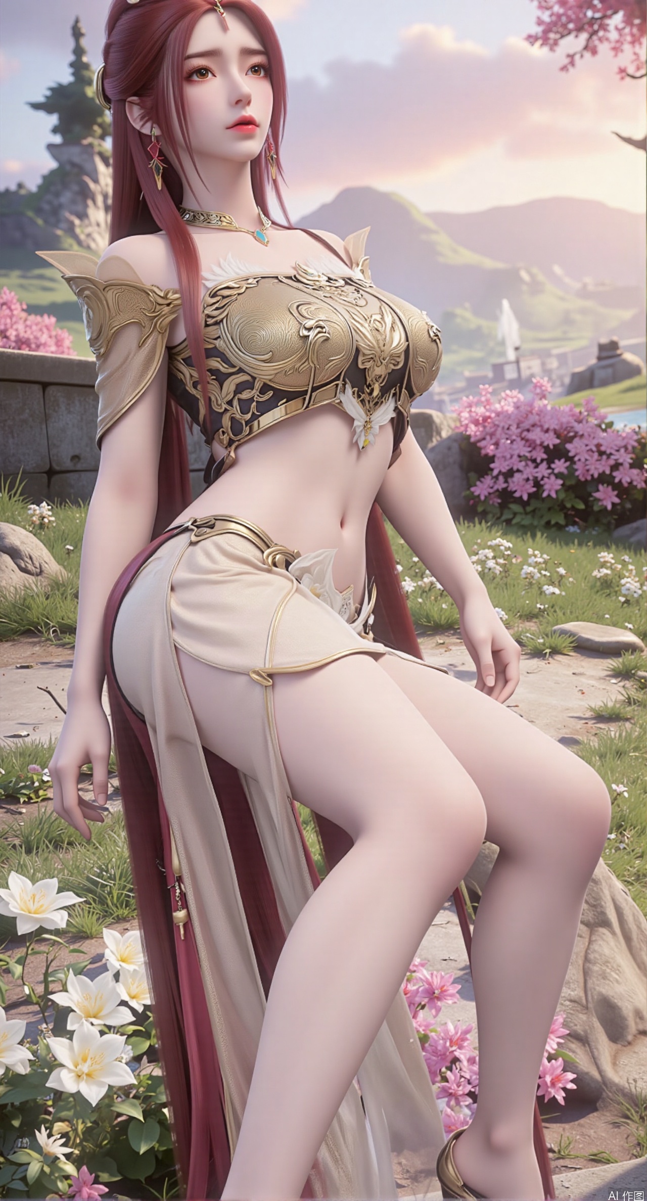 SFW,(masterpiece:1.2),best quality,absurdres,masterpiece,original,extremely detailed wallpaper,perfect lighting,This is a digital illustration featuring a beautiful,young Asian woman with a slender,elegant physique. She is lying on her side in a lush,white and pink flowers.(huge breasts:2.99),(full breasts:2.99),Her long,dark hair is styled in a high ponytail,adorned with a delicate,floral hair accessory. She has fair skin and striking red lips,with a serene,slightly seductive expression. Her attire is a revealing,fantasy-style dress with intricate lace and beading details,highlighting her ample breasts and slender waist. The dress has a sheer,flowing quality,with a detached sleeve and a high slit,revealing her toned legs. She wears matching high heels with intricate straps. The background features rolling hills and a distant lake,under a soft,pastel sky,creating a tranquil,dreamy atmosphere. The overall style of the illustration is highly detailed,