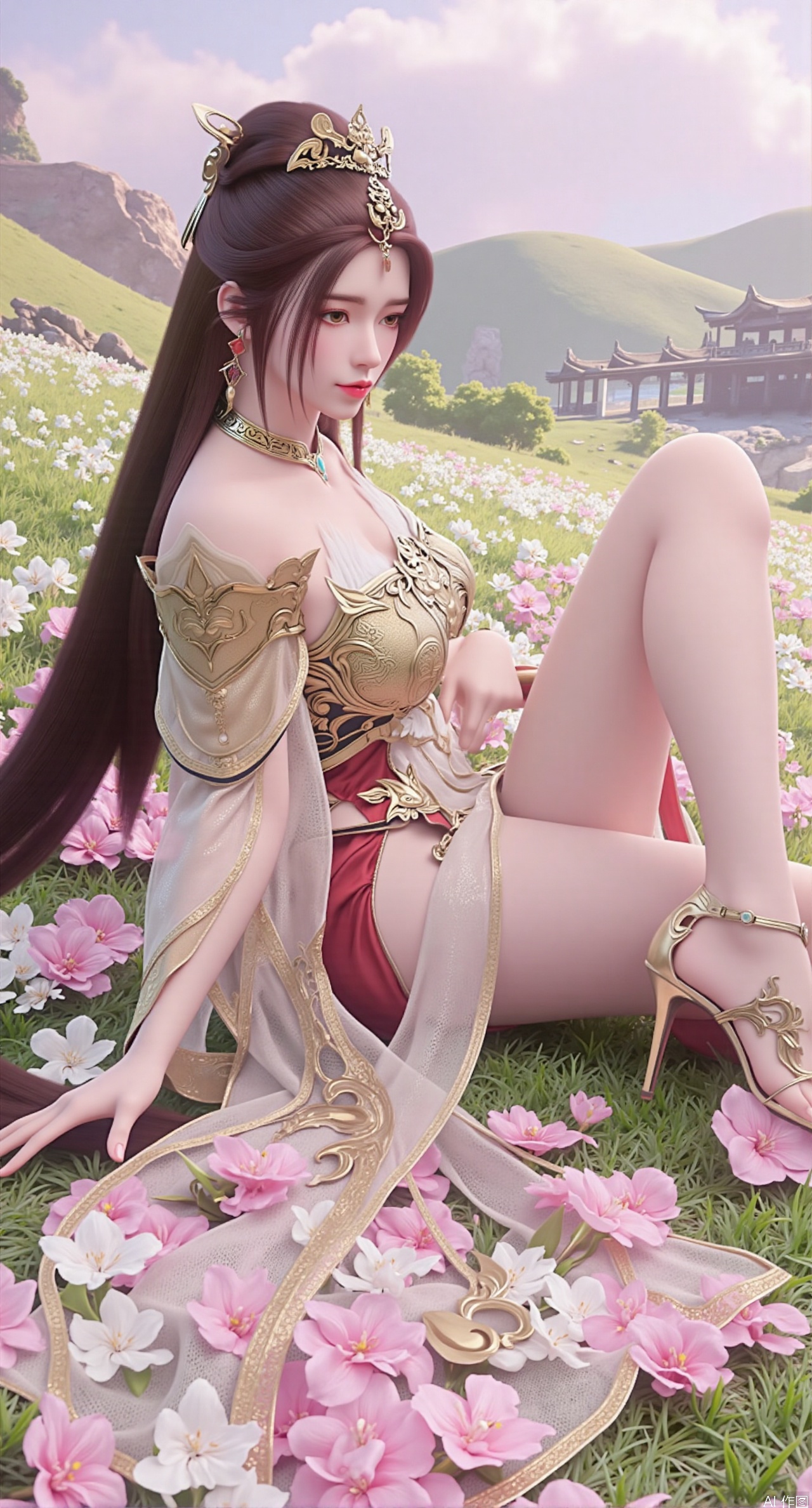 SFW,(masterpiece:1.2),best quality,absurdres,masterpiece,original,extremely detailed wallpaper,perfect lighting,This is a digital illustration featuring a beautiful,young Asian woman with a slender,elegant physique. She is lying on her side in a lush,white and pink flowers.(huge breasts:2.99),(full breasts:2.99),Her long,dark hair is styled in a high ponytail,adorned with a delicate,floral hair accessory. She has fair skin and striking red lips,with a serene,slightly seductive expression. Her attire is a revealing,fantasy-style dress with intricate lace and beading details,highlighting her ample breasts and slender waist. The dress has a sheer,flowing quality,with a detached sleeve and a high slit,revealing her toned legs. She wears matching high heels with intricate straps. The background features rolling hills and a distant lake,under a soft,pastel sky,creating a tranquil,dreamy atmosphere. The overall style of the illustration is highly detailed,