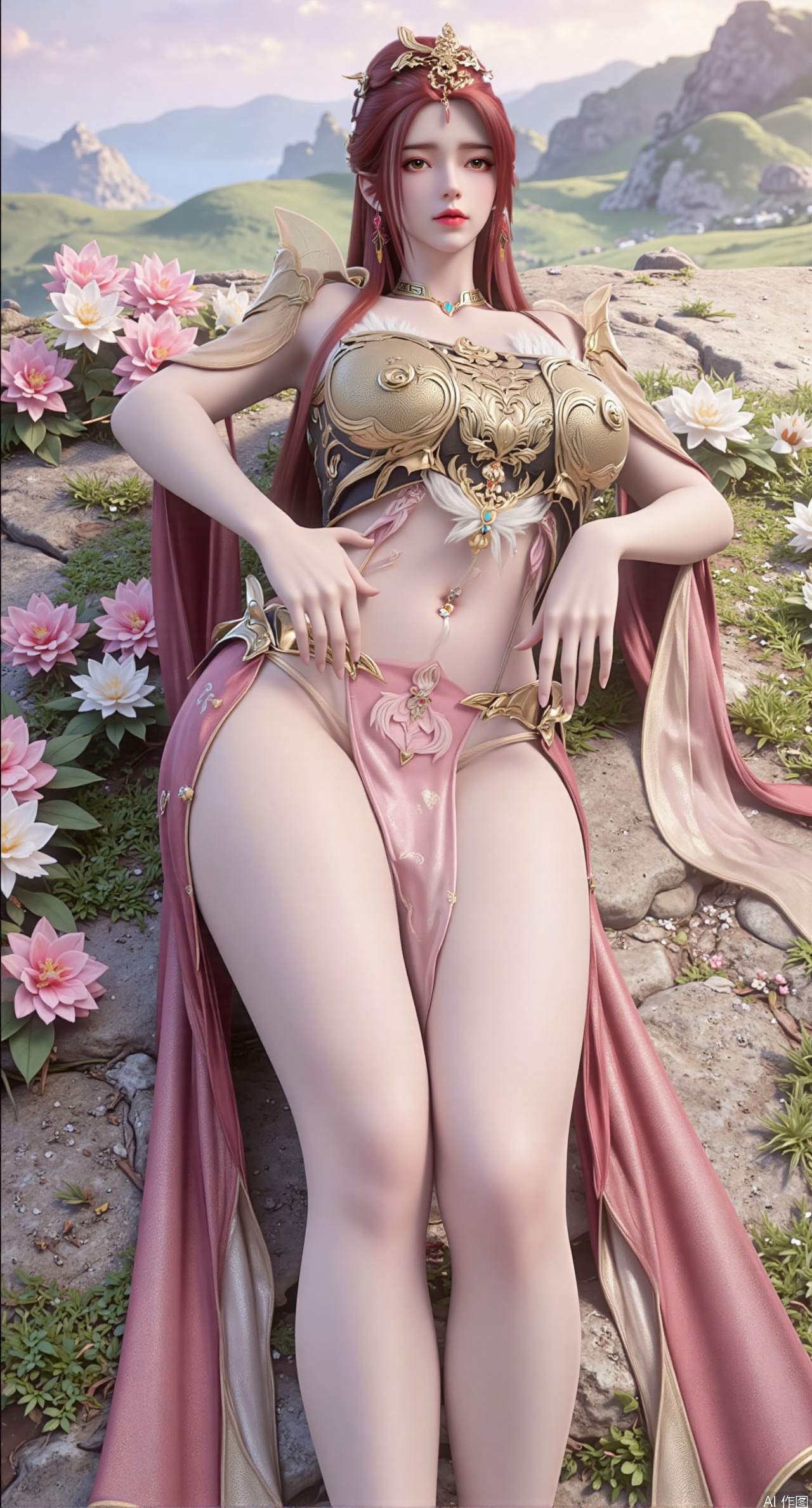 SFW,(masterpiece:1.2),best quality,absurdres,masterpiece,original,extremely detailed wallpaper,perfect lighting,This is a digital illustration featuring a beautiful,young Asian woman with a slender,elegant physique. She is lying on her side in a lush,white and pink flowers.(huge breasts:2.99),(full breasts:2.99),Her long,dark hair is styled in a high ponytail,adorned with a delicate,floral hair accessory. She has fair skin and striking red lips,with a serene,slightly seductive expression. Her attire is a revealing,fantasy-style dress with intricate lace and beading details,highlighting her ample breasts and slender waist. The dress has a sheer,flowing quality,with a detached sleeve and a high slit,revealing her toned legs. She wears matching high heels with intricate straps. The background features rolling hills and a distant lake,under a soft,pastel sky,creating a tranquil,dreamy atmosphere. The overall style of the illustration is highly detailed,