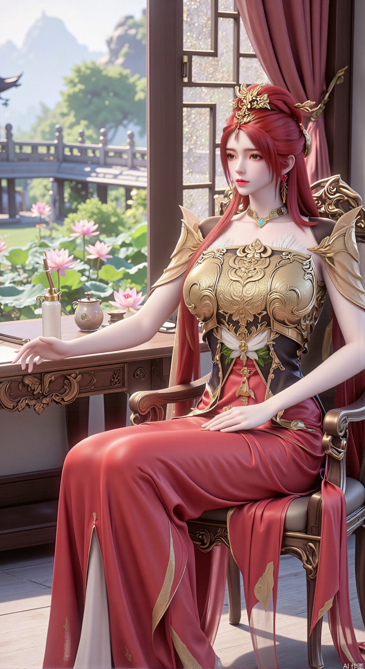 SFW,(masterpiece, best quality:1.2),1girl, solo, long dress,Ancient princess's boudoir with bright color palette, Hanfu-clad maiden sitting by latticed window desk in romantic daydreaming posture,  classical Chinese garden through window showcasing lotus pond filled with blooming pink and white lotuses, delicate ink-wash painting style, interior featuring rosewood furniture with mother-of-pearl inlay, silk curtains fluttering in breeze, porcelain stationery set on desk, distant view of curved bridges and pavilions in garden, ultra HD rendering with crisp details on embroidered garments and translucent lotus petals,,(huge breasts:2.99),(full breasts:2.89), 
