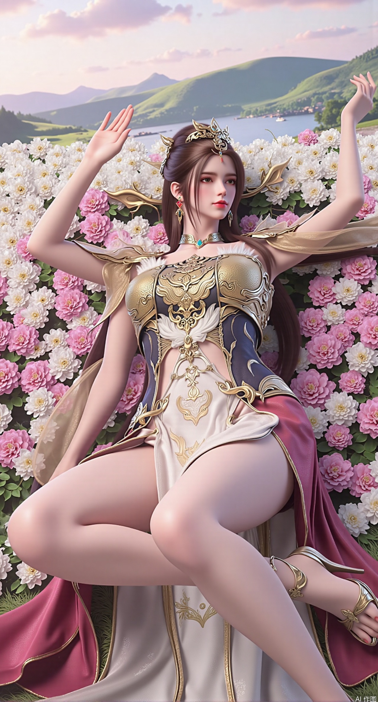SFW,(masterpiece:1.2),best quality,absurdres,masterpiece,original,extremely detailed wallpaper,perfect lighting,This is a digital illustration featuring a beautiful,young Asian woman with a slender,elegant physique. She is lying on her side in a lush,white and pink flowers.(huge breasts:2.99),(full breasts:2.99),Her long,dark hair is styled in a high ponytail,adorned with a delicate,floral hair accessory. She has fair skin and striking red lips,with a serene,slightly seductive expression. Her attire is a revealing,fantasy-style dress with intricate lace and beading details,highlighting her ample breasts and slender waist. The dress has a sheer,flowing quality,with a detached sleeve and a high slit,revealing her toned legs. She wears matching high heels with intricate straps. The background features rolling hills and a distant lake,under a soft,pastel sky,creating a tranquil,dreamy atmosphere. The overall style of the illustration is highly detailed,