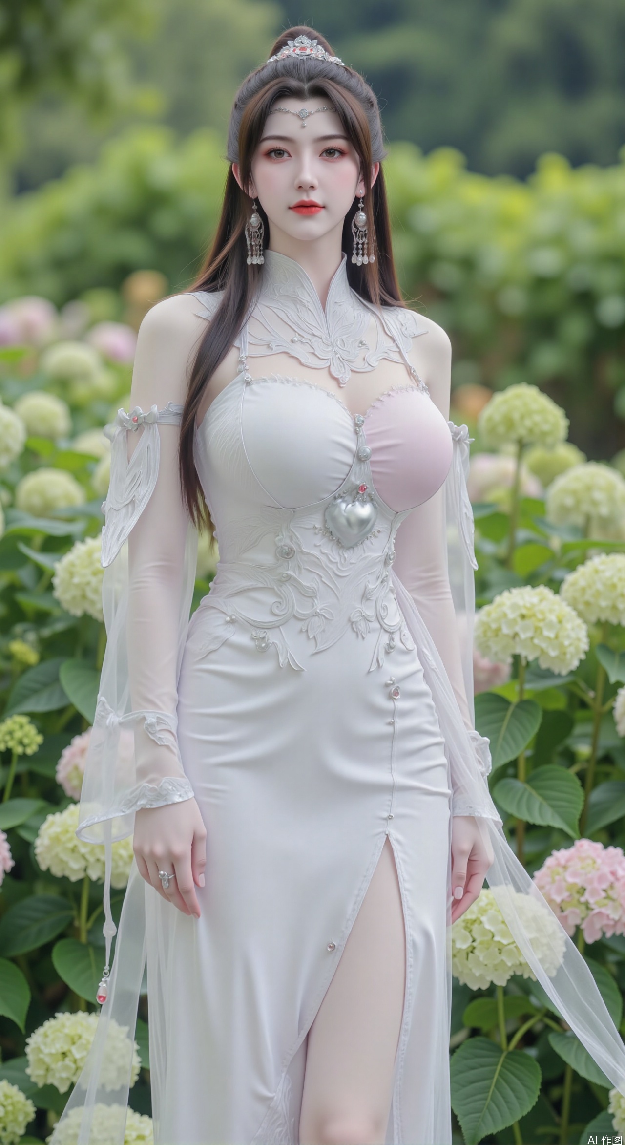  SFW,(masterpiece:1.2),best quality,absurdres,masterpiece,original,extremely detailed wallpaper,perfect lighting,1girl,solo,looking at viewer,(cowboy_shot:1.3),long hair,high heels,blurry background,depth of field,motion blur,(long dress:1.23),china_dress,chinese_style,bare shouders,crystal_earrings,headpiece,hair_tie,chest_jewel,gem,necklace,jewelry,in summer,day,outdoors,nature,garden,,(standing,Hydrangea, Hydrangea Field:1.59),(huge breasts:2.99),(full breasts:2.99),Xzhihua,Xsiyouyou,Xyanruyu,Xmoxiaonan,Xyeqingxian