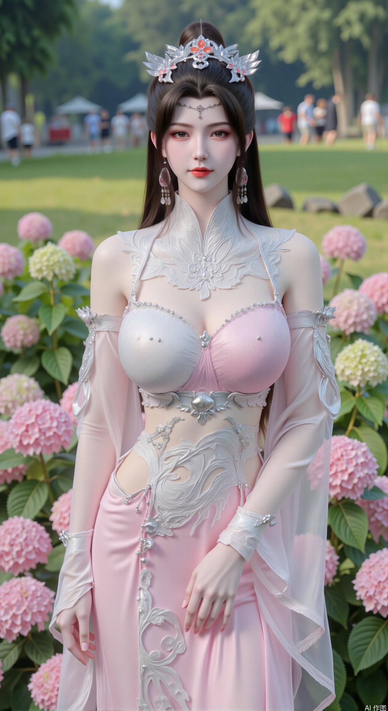  SFW,(masterpiece:1.2),best quality,absurdres,masterpiece,original,extremely detailed wallpaper,perfect lighting,1girl,solo,looking at viewer,(cowboy_shot:1.3),long hair,high heels,blurry background,depth of field,motion blur,(long dress:1.23),china_dress,chinese_style,bare shouders,crystal_earrings,headpiece,hair_tie,chest_jewel,gem,necklace,jewelry,in summer,day,outdoors,nature,garden,,(standing,Hydrangea, Hydrangea Field:1.59),(huge breasts:2.99),(full breasts:2.99),Xzhihua,Xsiyouyou,Xyanruyu,Xmoxiaonan,Xyeqingxian