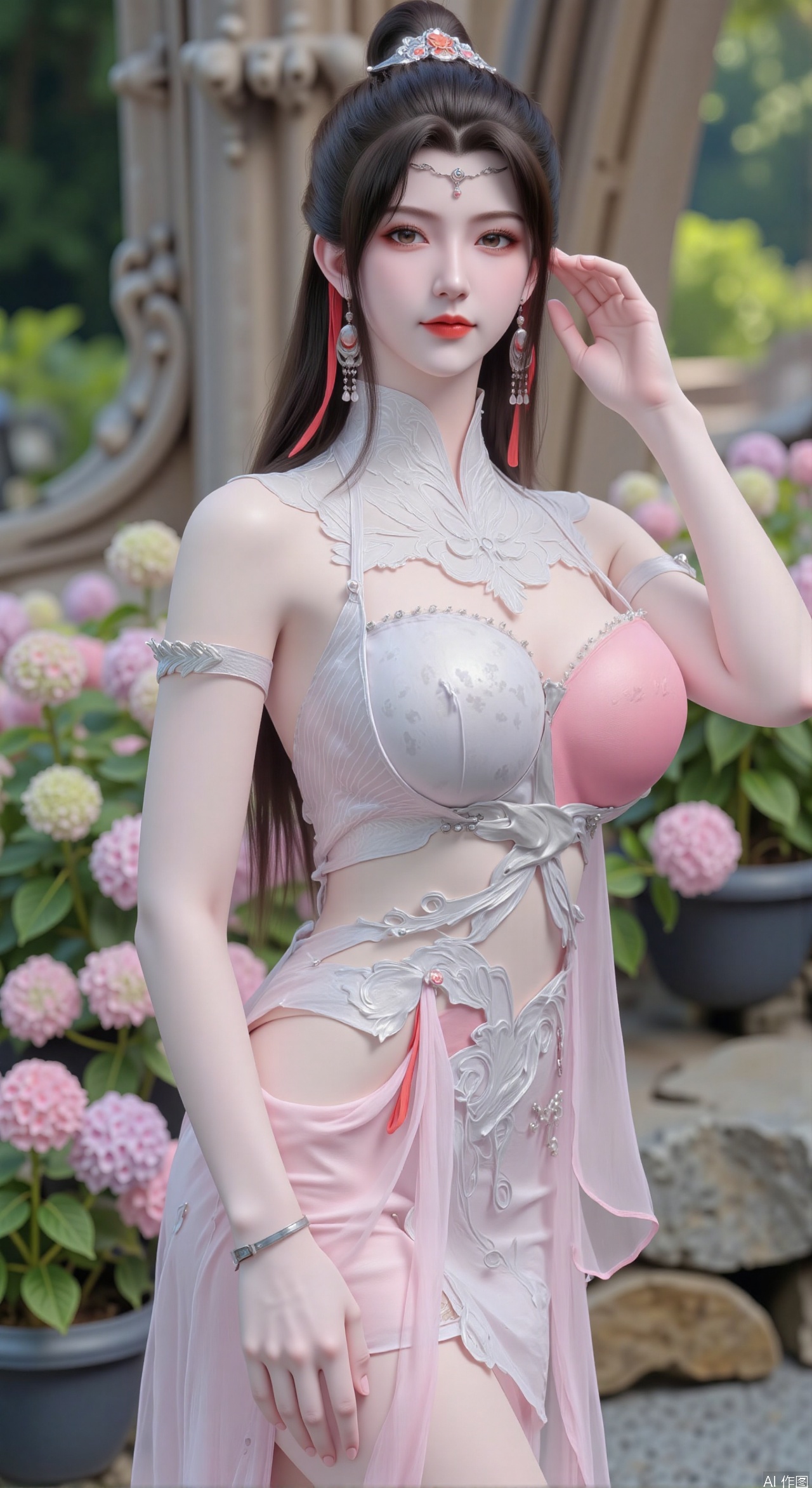  SFW,(masterpiece:1.2),best quality,absurdres,masterpiece,original,extremely detailed wallpaper,perfect lighting,1girl,solo,looking at viewer,(cowboy_shot:1.3),long hair,high heels,blurry background,depth of field,motion blur,(long dress:1.23),china_dress,chinese_style,bare shouders,crystal_earrings,headpiece,hair_tie,chest_jewel,gem,necklace,jewelry,in summer,day,outdoors,nature,garden,,(standing,Hydrangea, Hydrangea Field:1.59),(huge breasts:2.99),(full breasts:2.99),Xzhihua,Xsiyouyou,Xyanruyu,Xmoxiaonan,Xyeqingxian