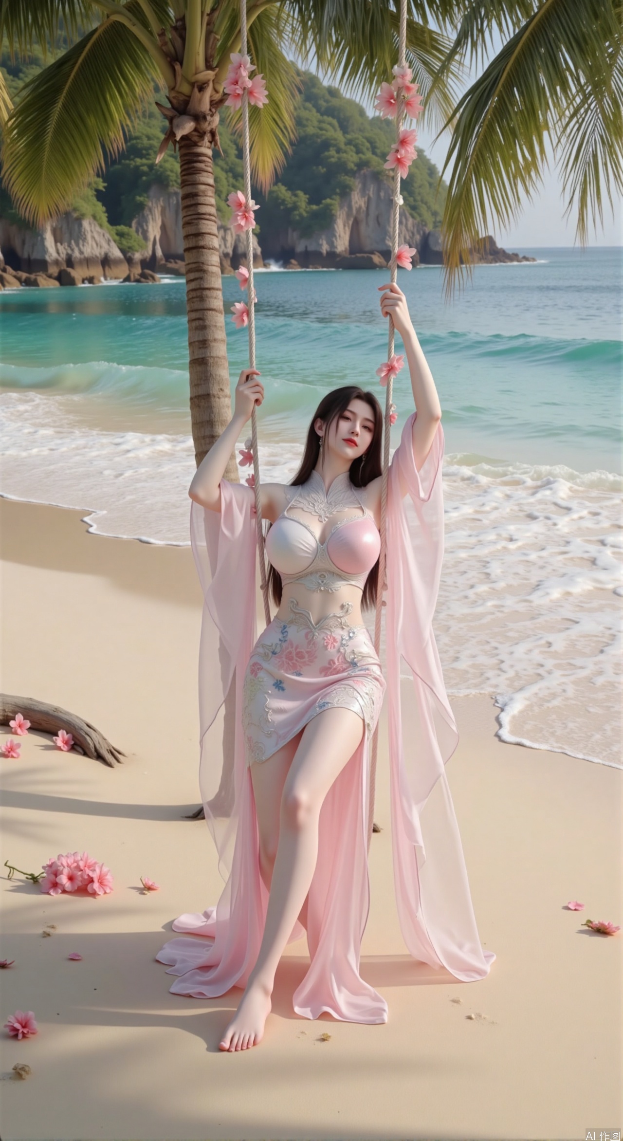  SFW,(masterpiece:1.2),best quality,absurdres,masterpiece,original,extremely detailed wallpaper,perfect lighting,Golden sandy beach covered with vibrant flowers, turquoise waves gently lapping the shore, elegant woman in embroidered qipao swinging on a wooden swing under coconut trees, bright flower clusters spreading from sand to palm tree roots, soft natural light filtering through coconut leaves, ocean breeze lifting hair and qipao hem, high-resolution details showcasing petal textures and silk fabric sheen, ultra-wide angle lens capturing coastline panorama, cinematic color grading with soft focus on the central figure,(huge breasts:2.99),(full breasts:2.99),Xzhihua,Xsiyouyou,Xyanruyu,Xmoxiaonan,Xyeqingxian