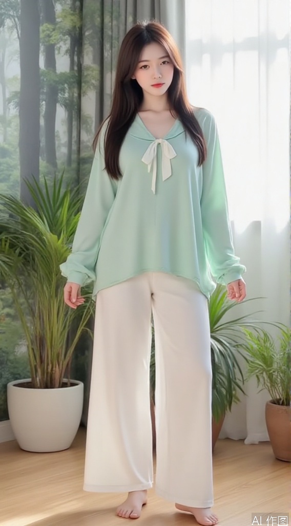Subject: A young and plump Asian woman with a medium perspective, long hair on the shawl, wearing a mint green loose yoga top, a white bow tied with a collar, white wide-leg yoga pants underneath, barefoot, and a quiet look.
Background: The living room is full of natural atmosphere, with small lawns covered with wooden floors, green plants around the corners, forest wallpaper is pasted on the walls, and sunlight is sprinkled through the white curtains.