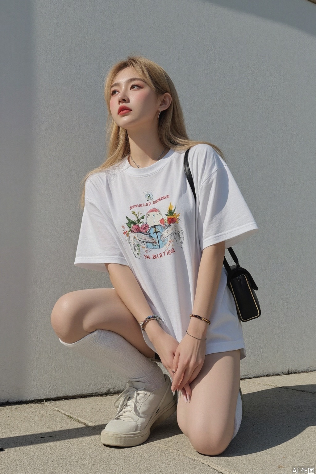 1girl, solo, long hair, blonde hair, shirt, jewelry, full body, white shirt, short sleeves, shoes, socks, bag, bracelet, kneehighs, kneeling, shadow, squatting, looking up, white socks, t-shirt, sneakers, realistic, print shirt