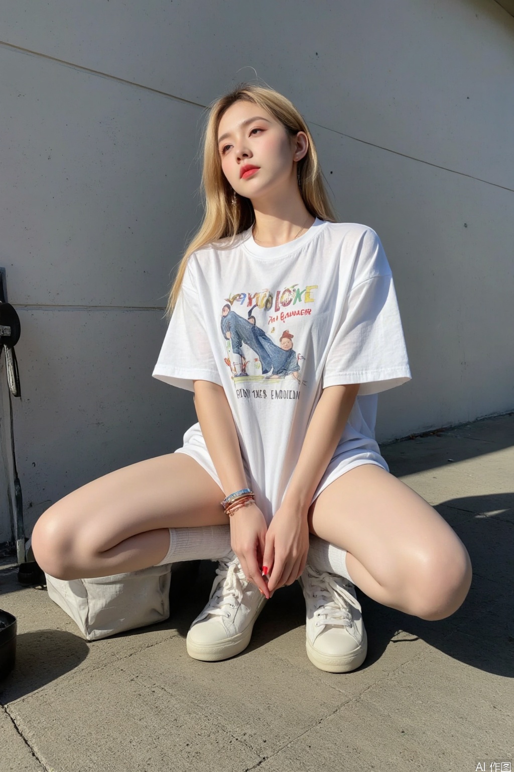 1girl, solo, long hair, blonde hair, shirt, jewelry, full body, white shirt, short sleeves, shoes, socks, bag, bracelet, kneehighs, kneeling, shadow, squatting, looking up, white socks, t-shirt, sneakers, realistic, print shirt