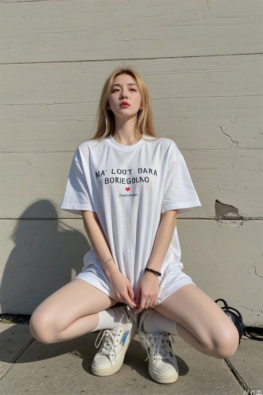 1girl, solo, long hair, blonde hair, shirt, jewelry, full body, white shirt, short sleeves, shoes, socks, bag, bracelet, kneehighs, kneeling, shadow, squatting, looking up, white socks, t-shirt, sneakers, realistic, print shirt