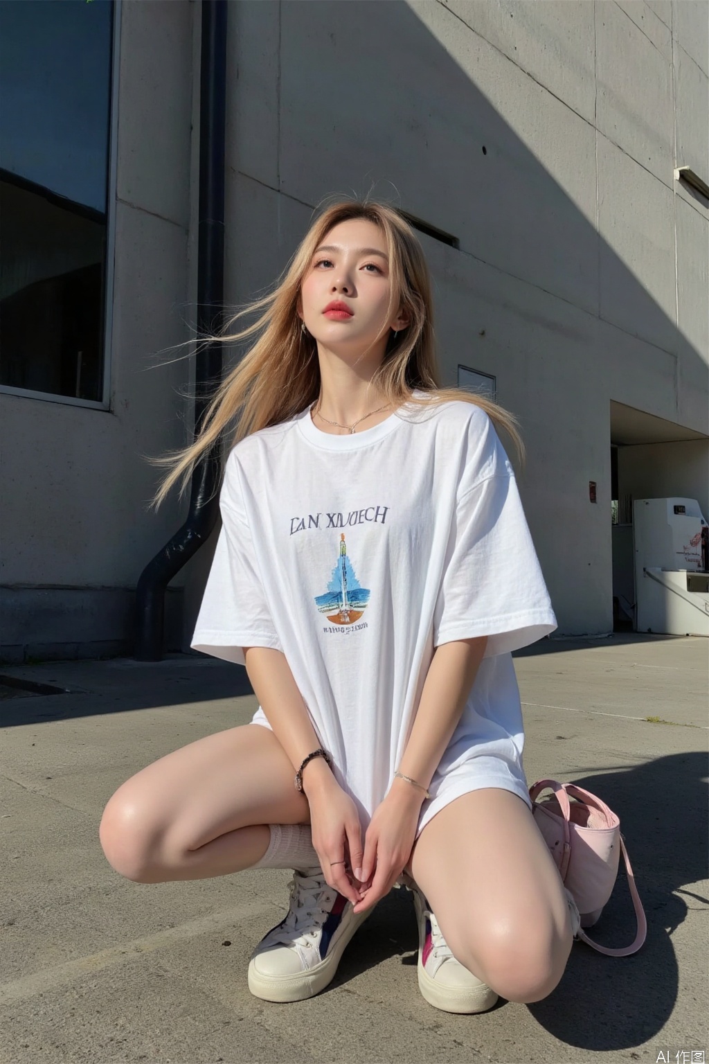 1girl, solo, long hair, blonde hair, shirt, jewelry, full body, white shirt, short sleeves, shoes, socks, bag, bracelet, kneehighs, kneeling, shadow, squatting, looking up, white socks, t-shirt, sneakers, realistic, print shirt