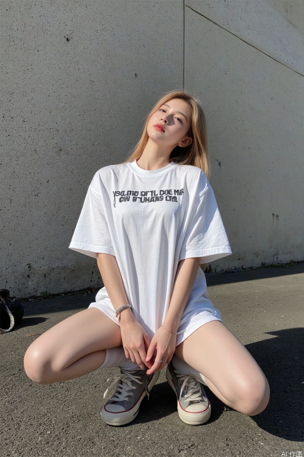 1girl, solo, long hair, blonde hair, shirt, jewelry, full body, white shirt, short sleeves, shoes, socks, bag, bracelet, kneehighs, kneeling, shadow, squatting, looking up, white socks, t-shirt, sneakers, realistic, print shirt