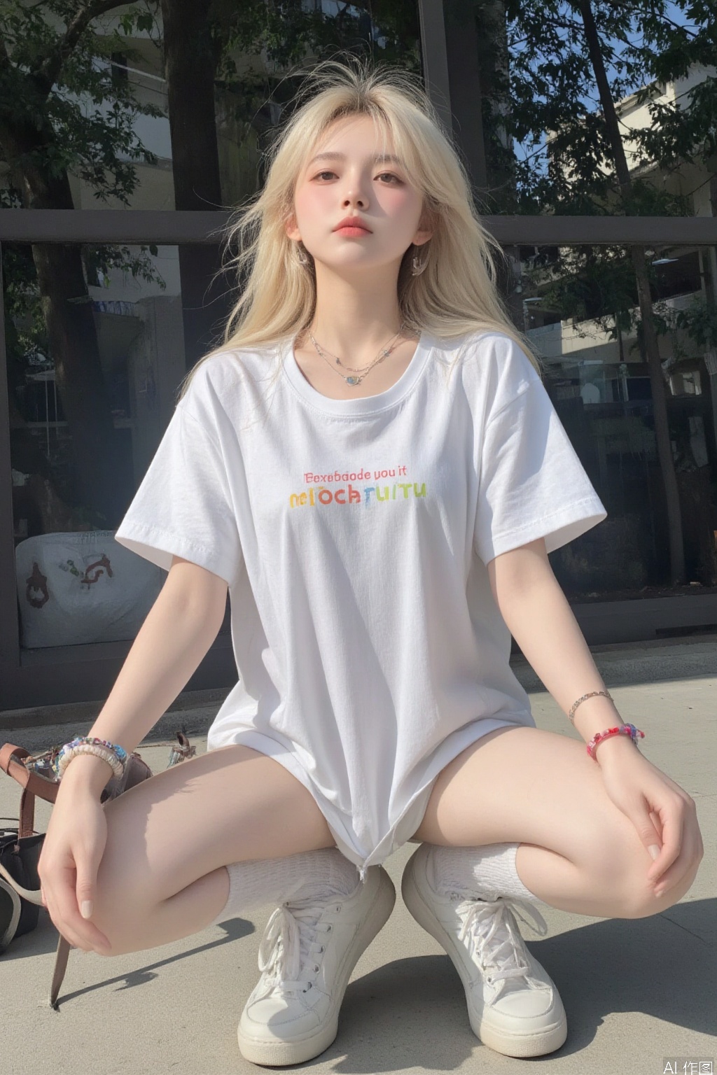 1girl, solo, long hair, blonde hair, shirt, jewelry, full body, white shirt, short sleeves, shoes, socks, bag, bracelet, kneehighs, kneeling, shadow, squatting, looking up, white socks, t-shirt, sneakers, realistic, print shirt