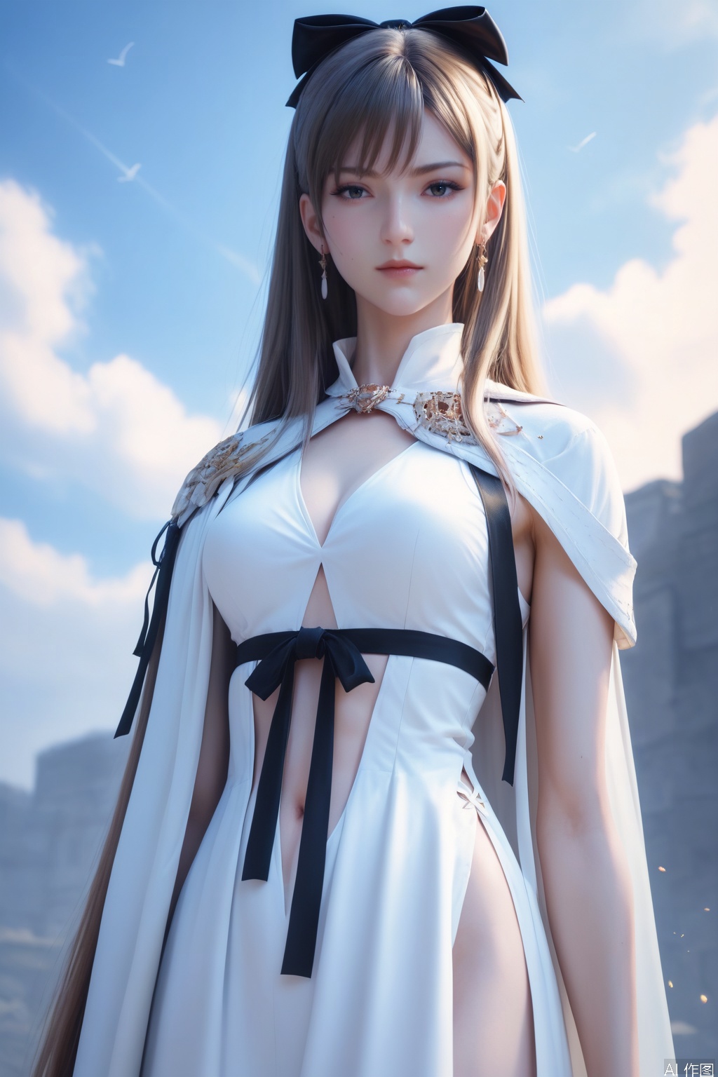 score_9_up,score_8_up,score_7_up,(Masterpiece, Best Quality, High Resolution, 8K Raw),absurdres, highres, Expressiveh,illustration,CG,
1girl, solo, long hair, brown hair, hair ornament, dress, white cape, upper body, sky, blue sky, white dress,black bow,clothing cutout,standing,holding,full_body