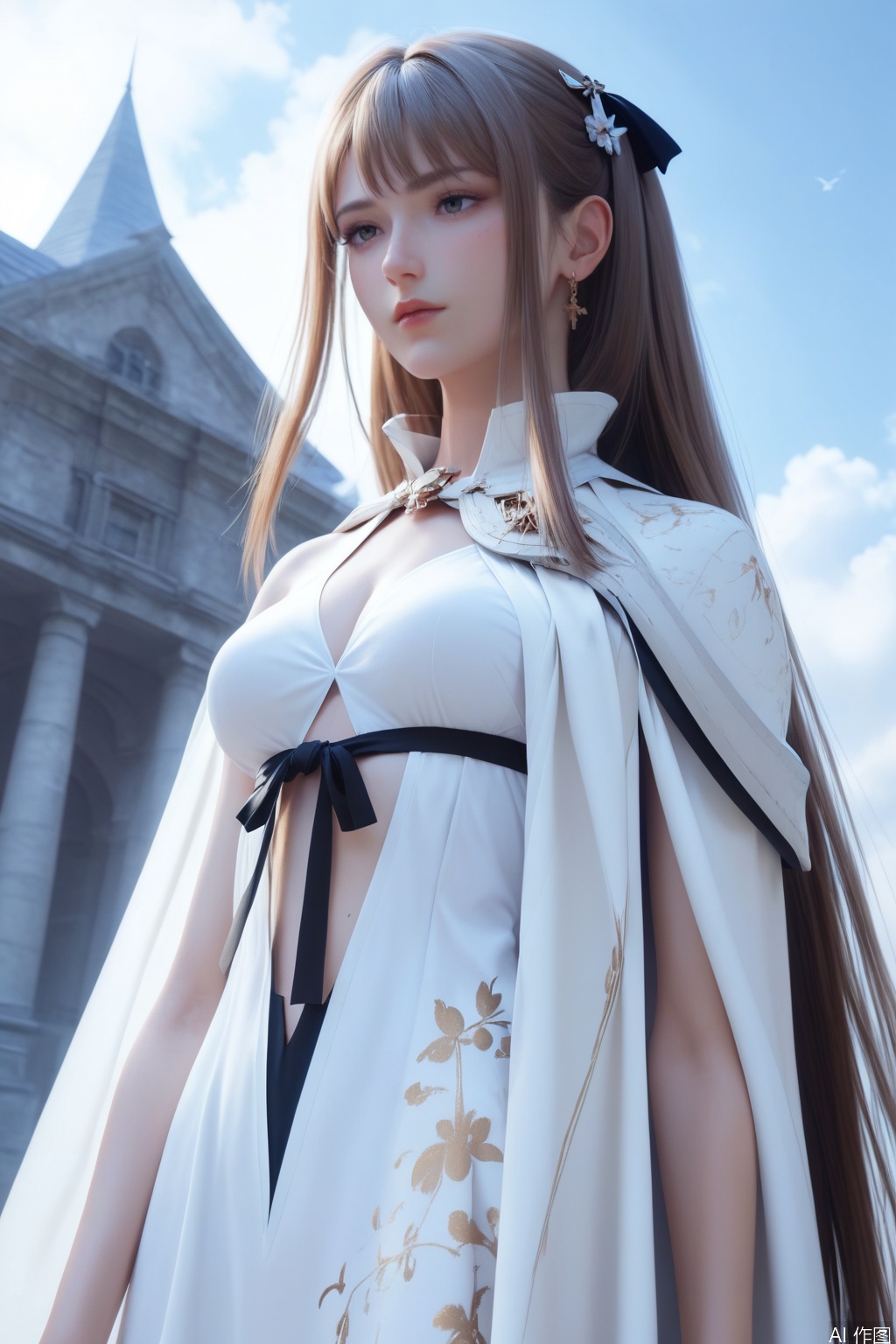score_9_up,score_8_up,score_7_up,(Masterpiece, Best Quality, High Resolution, 8K Raw),absurdres, highres, Expressiveh,illustration,CG,
1girl, solo, long hair, brown hair, hair ornament, dress, white cape, upper body, sky, blue sky, white dress,black bow,clothing cutout,