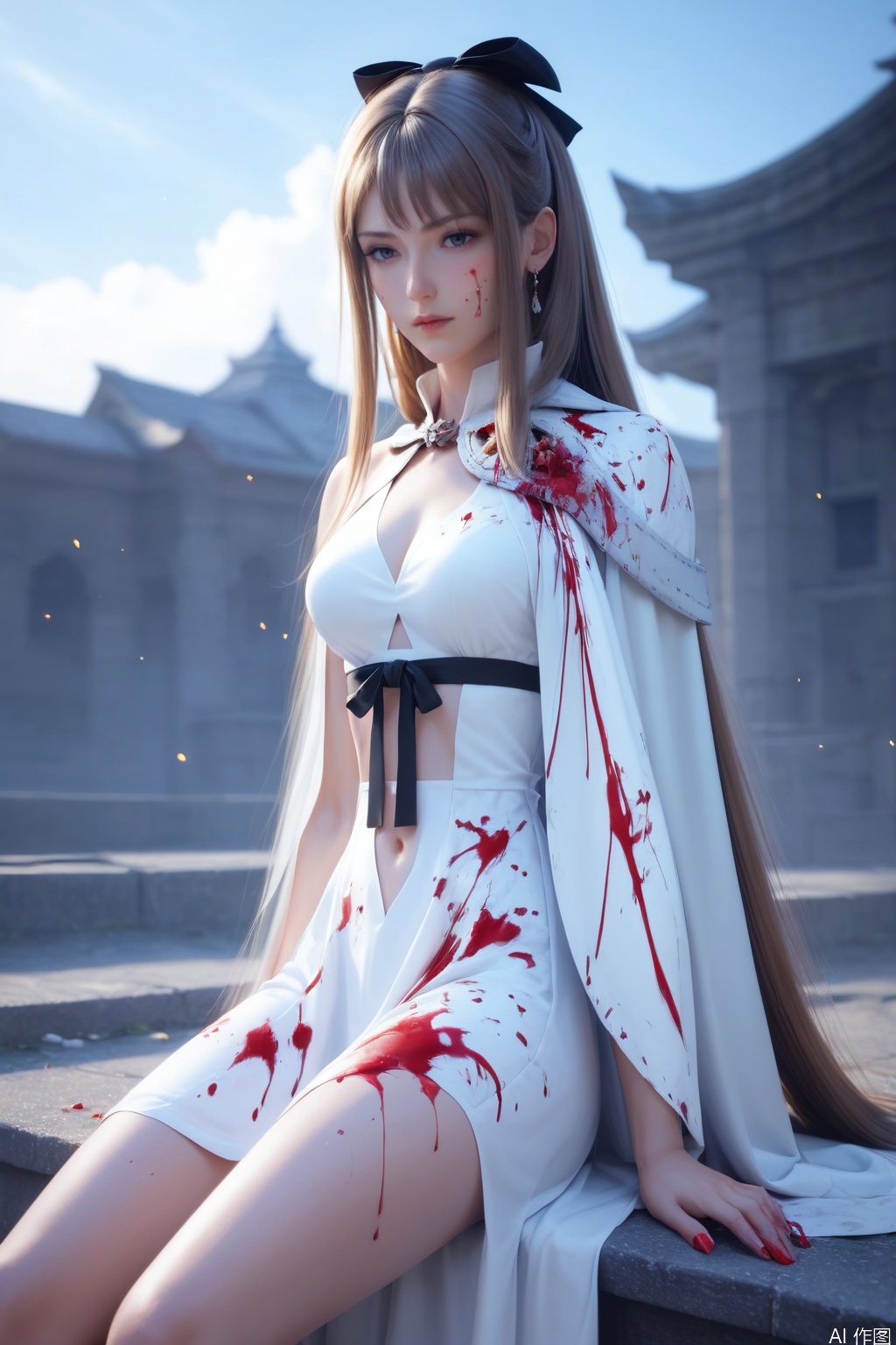 score_9_up,score_8_up,score_7_up,(Masterpiece, Best Quality, High Resolution, 8K Raw),absurdres, highres, Expressiveh,illustration,CG,
1girl, solo, long hair, brown hair, hair ornament, dress, white cape, upper body, sky, blue sky, white dress,black bow,clothing cutout,sitting,full_body,blood,blood on clothes