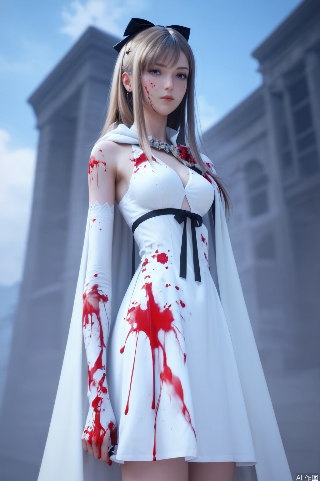 score_9_up,score_8_up,score_7_up,(Masterpiece, Best Quality, High Resolution, 8K Raw),absurdres, highres, Expressiveh,illustration,CG,
1girl, solo, long hair, brown hair, hair ornament, dress, white cape, upper body, sky, blue sky, white dress,black bow,clothing cutout,standing,holding,full_body,blood,blood on clothes